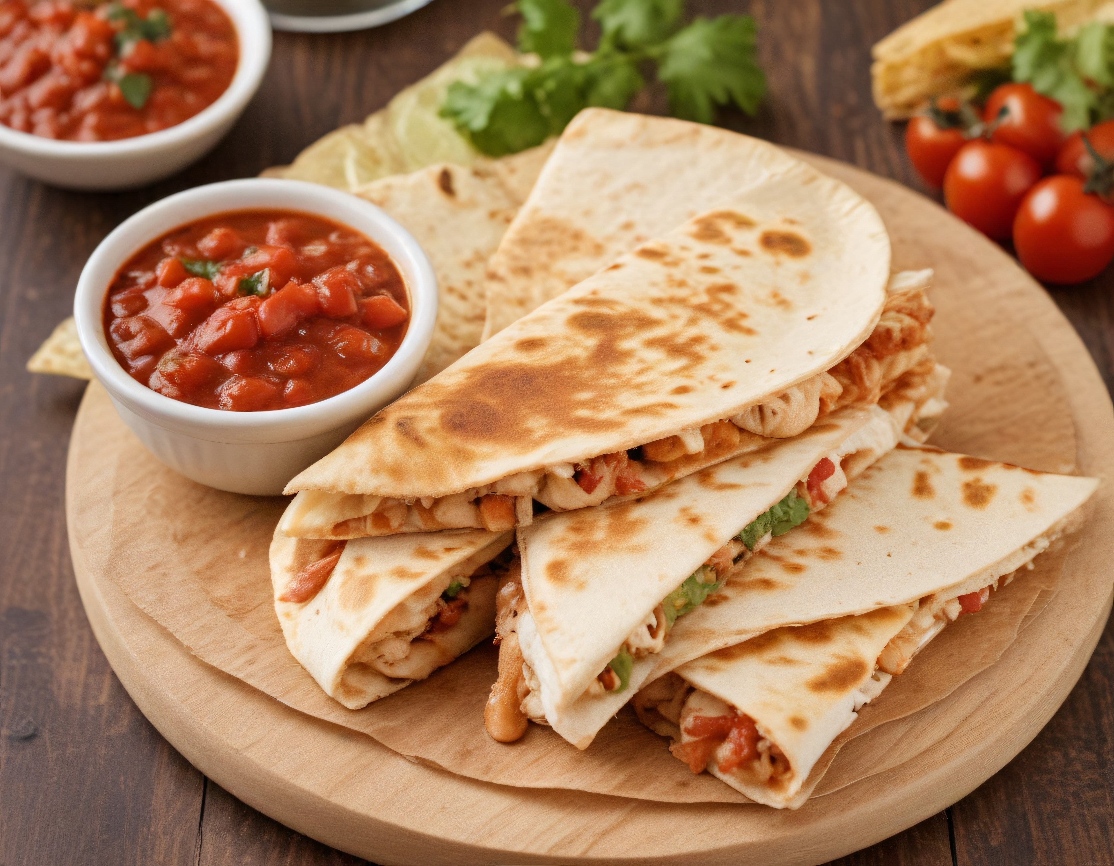 kızarmış tavuklu quesadilla dilimleri salsa sos ve tortilla cipsi eşliğinde