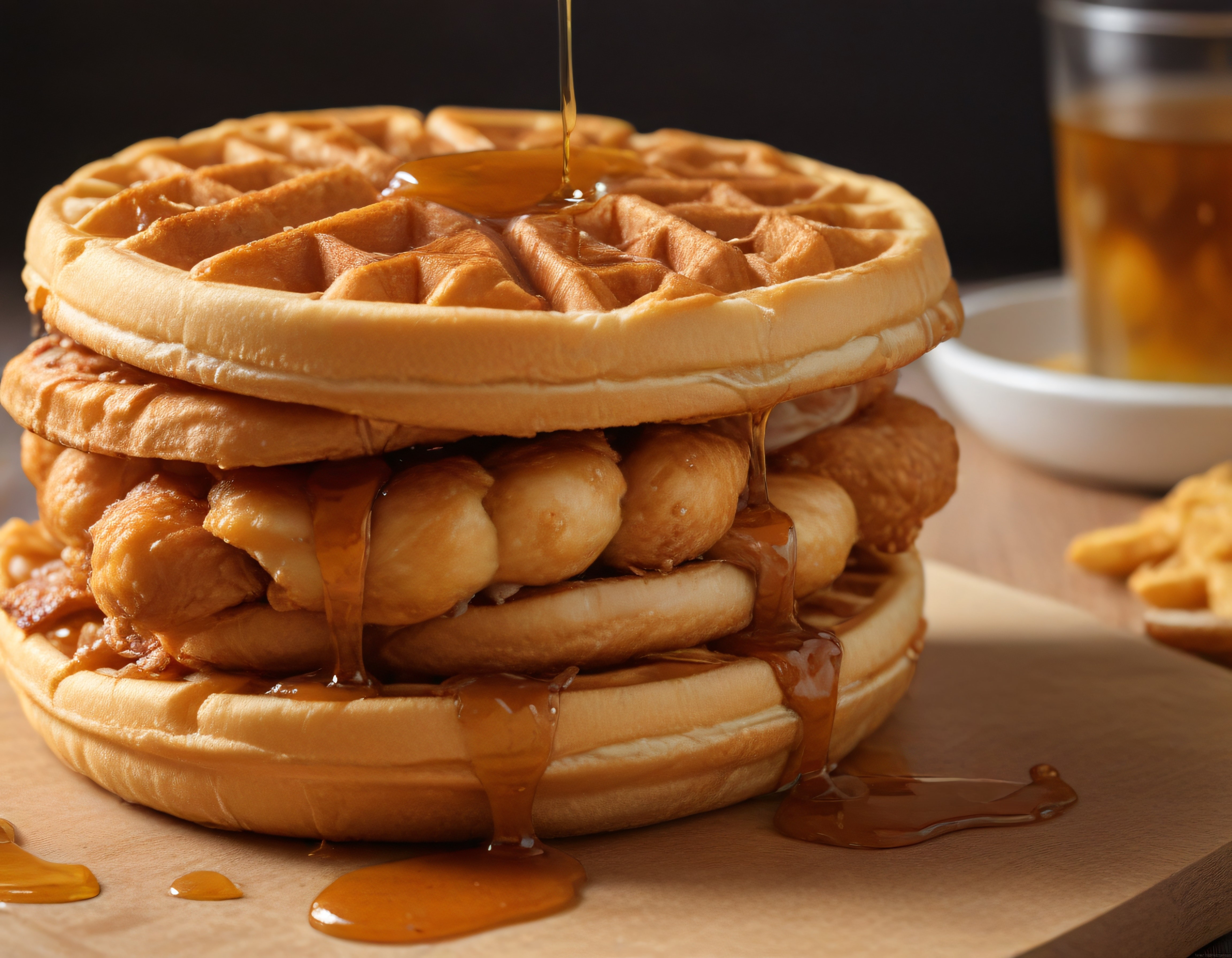 Kızarmış Tavuklu Waffle Kulesi ve Üzerine Dökülen Altın Rengi Akçaağaç Şurubu
