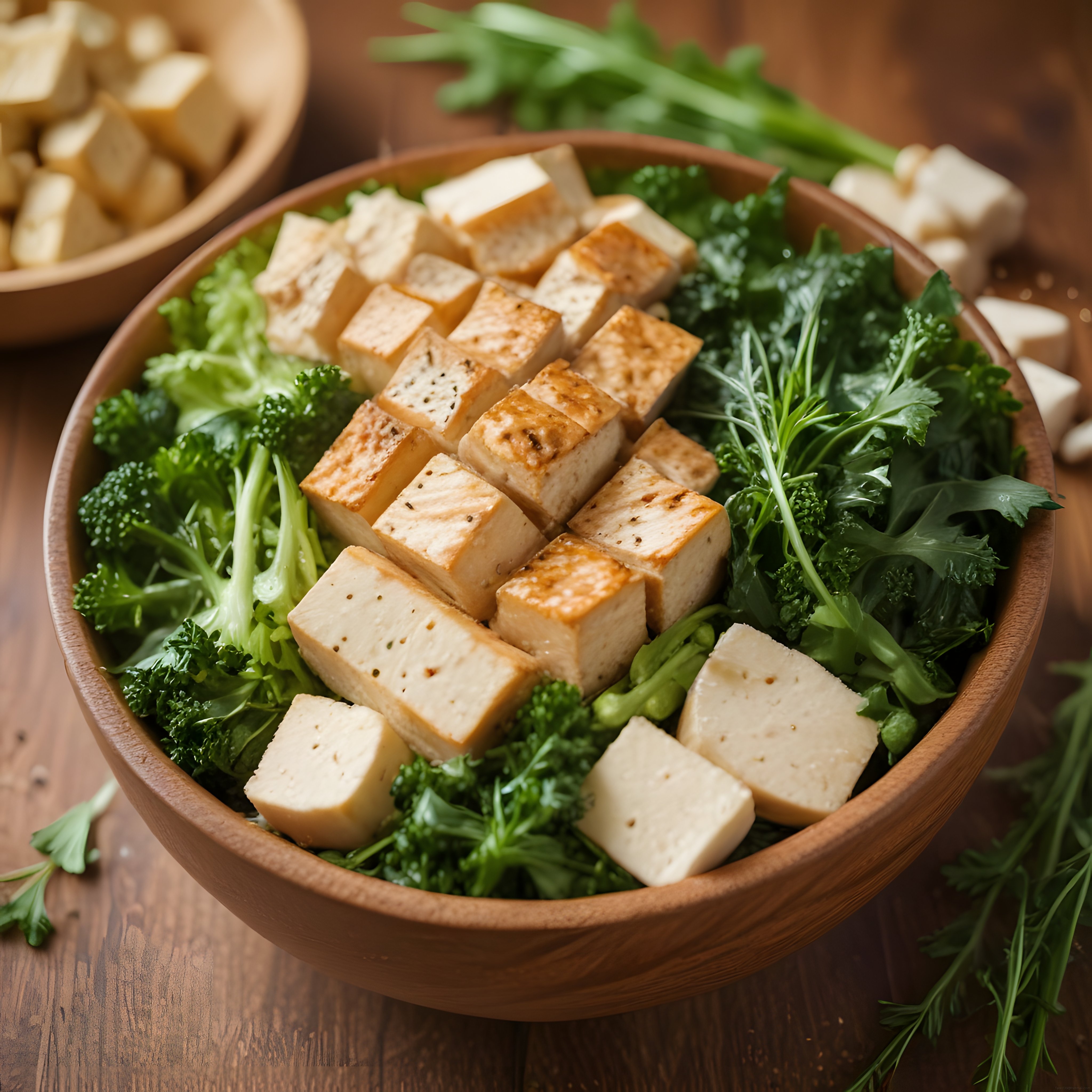 Kızarmış Tofu ve Yeşil Sebzelerle Dolu Ahşap Kasede Sağlıklı Vegan Öğün