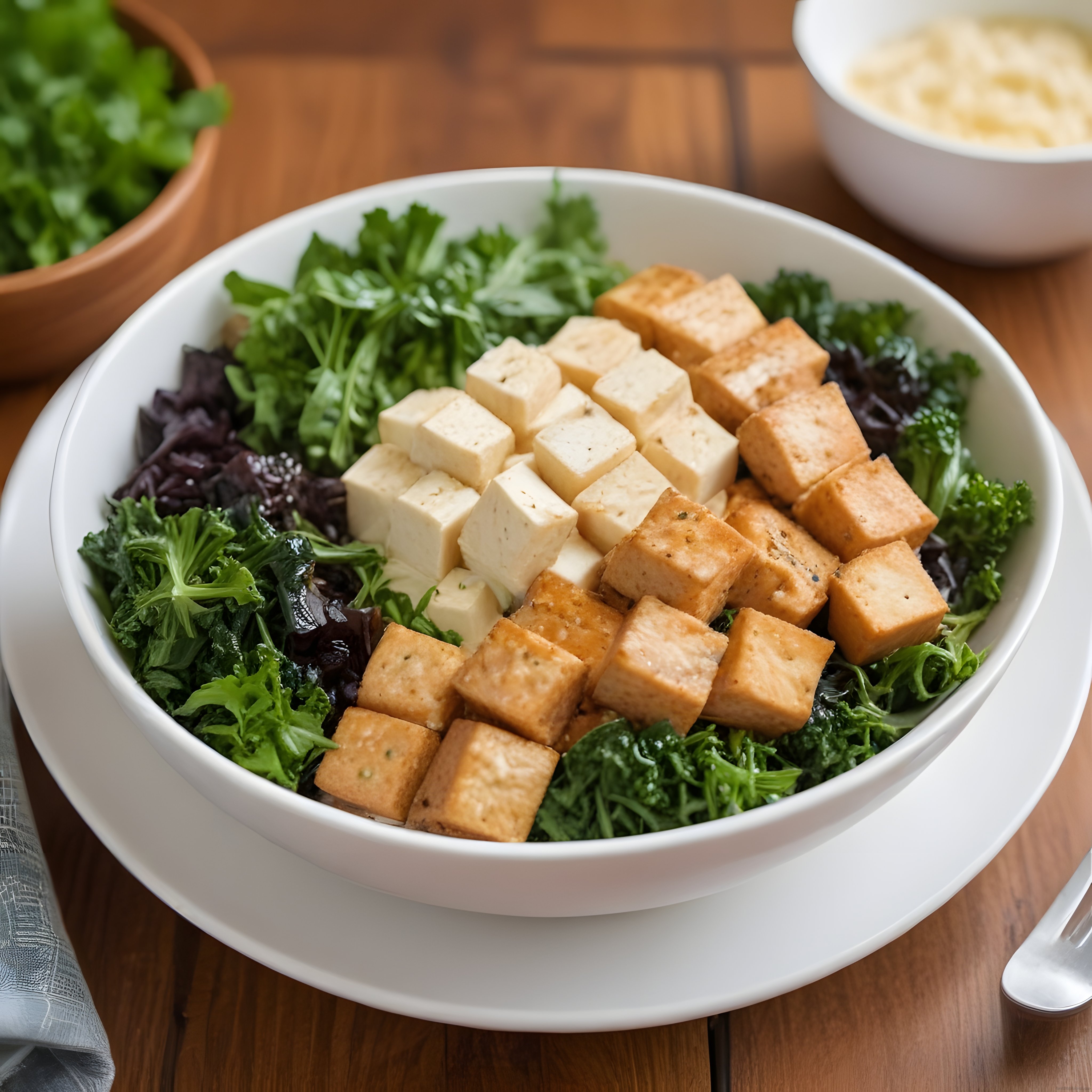 Kızarmış Tofu ve Yeşilliklerle Dolu Sağlıklı Vegan Buddha Bowl
