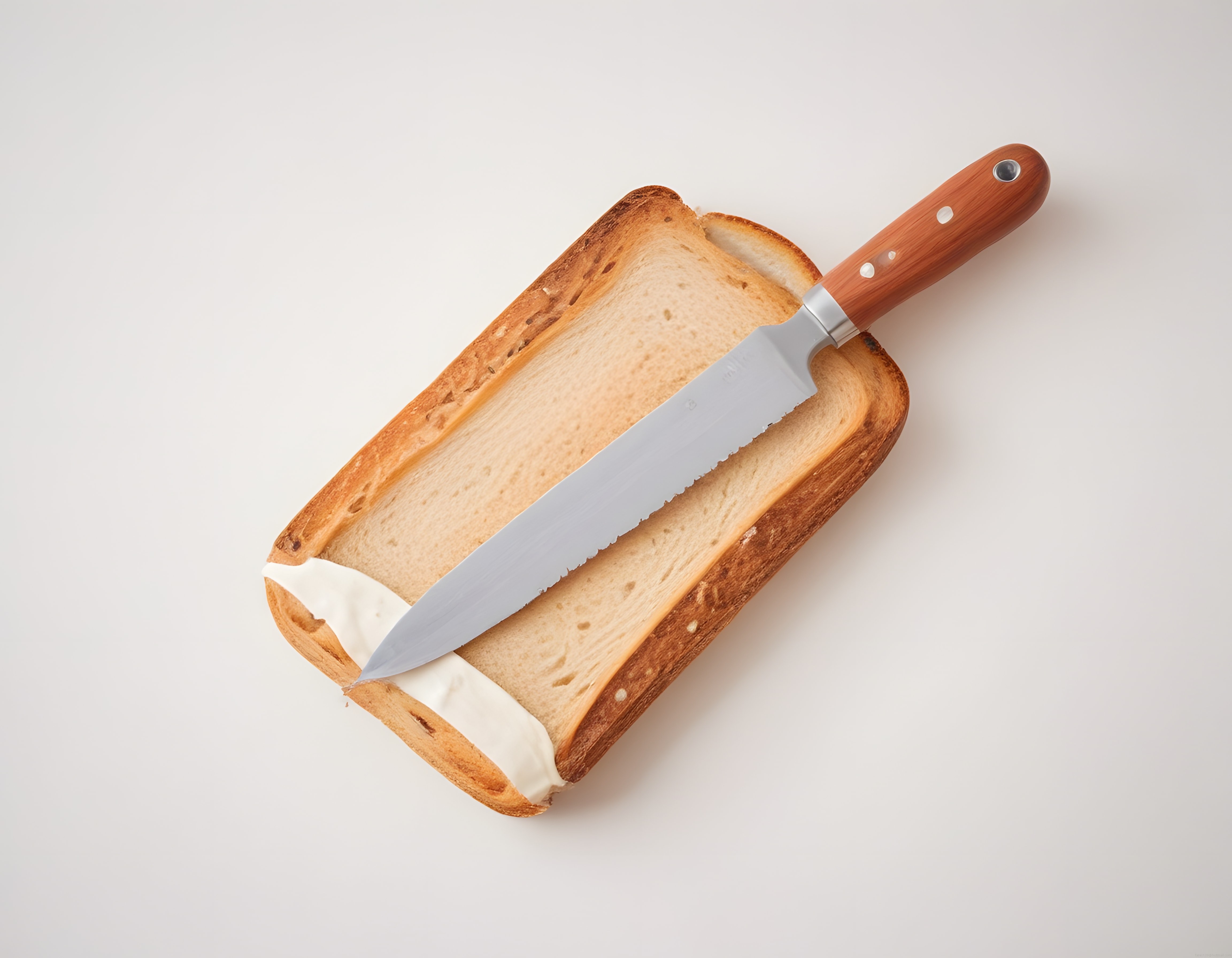 Kızarmış tost ekmeği arası krema dolgusu ve ahşap saplı bıçakla sunum