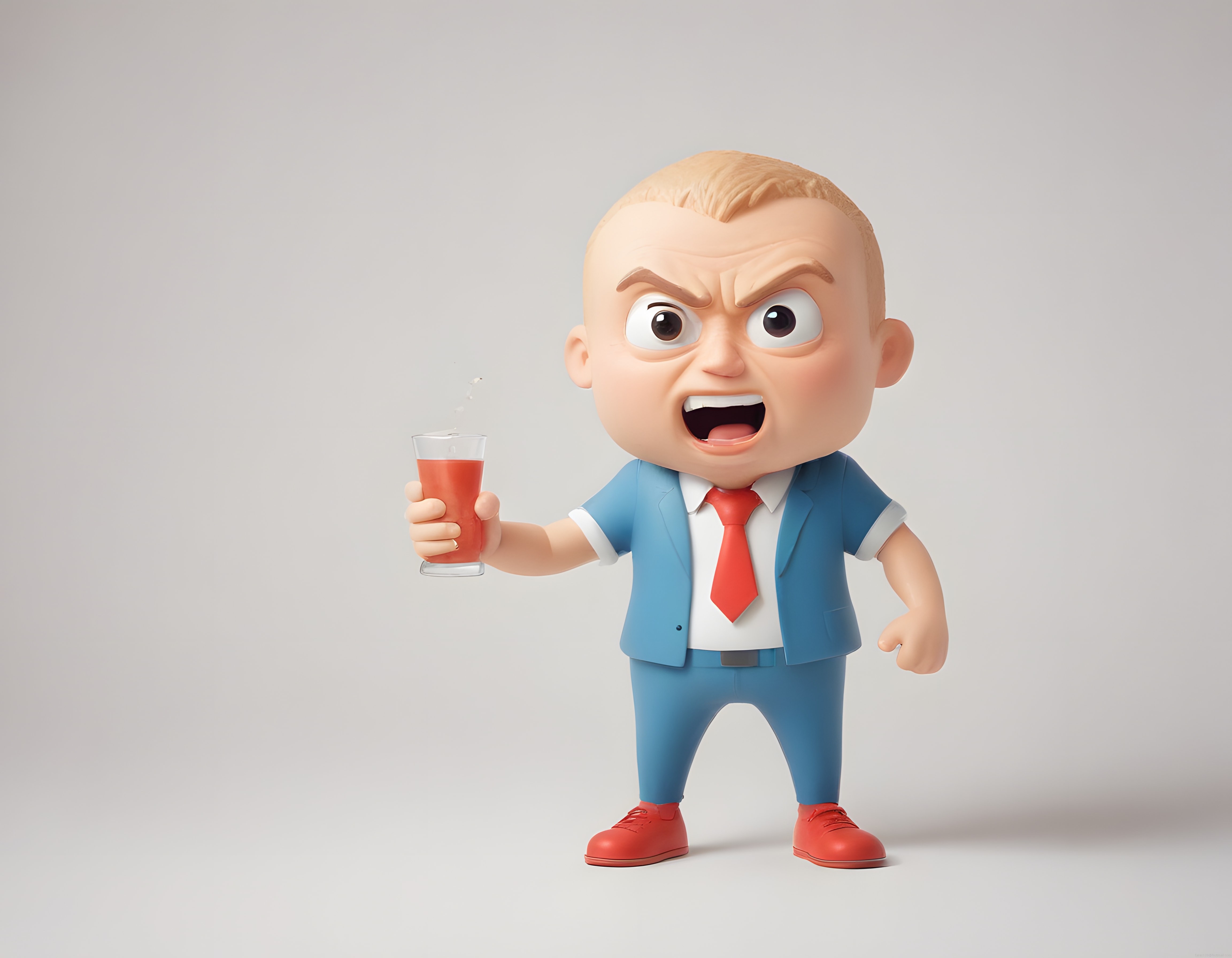 Kızgın 3D Animasyon Patronu Kırmızı Kravat ve İçecekle Sinirli Bakışlar Atıyor