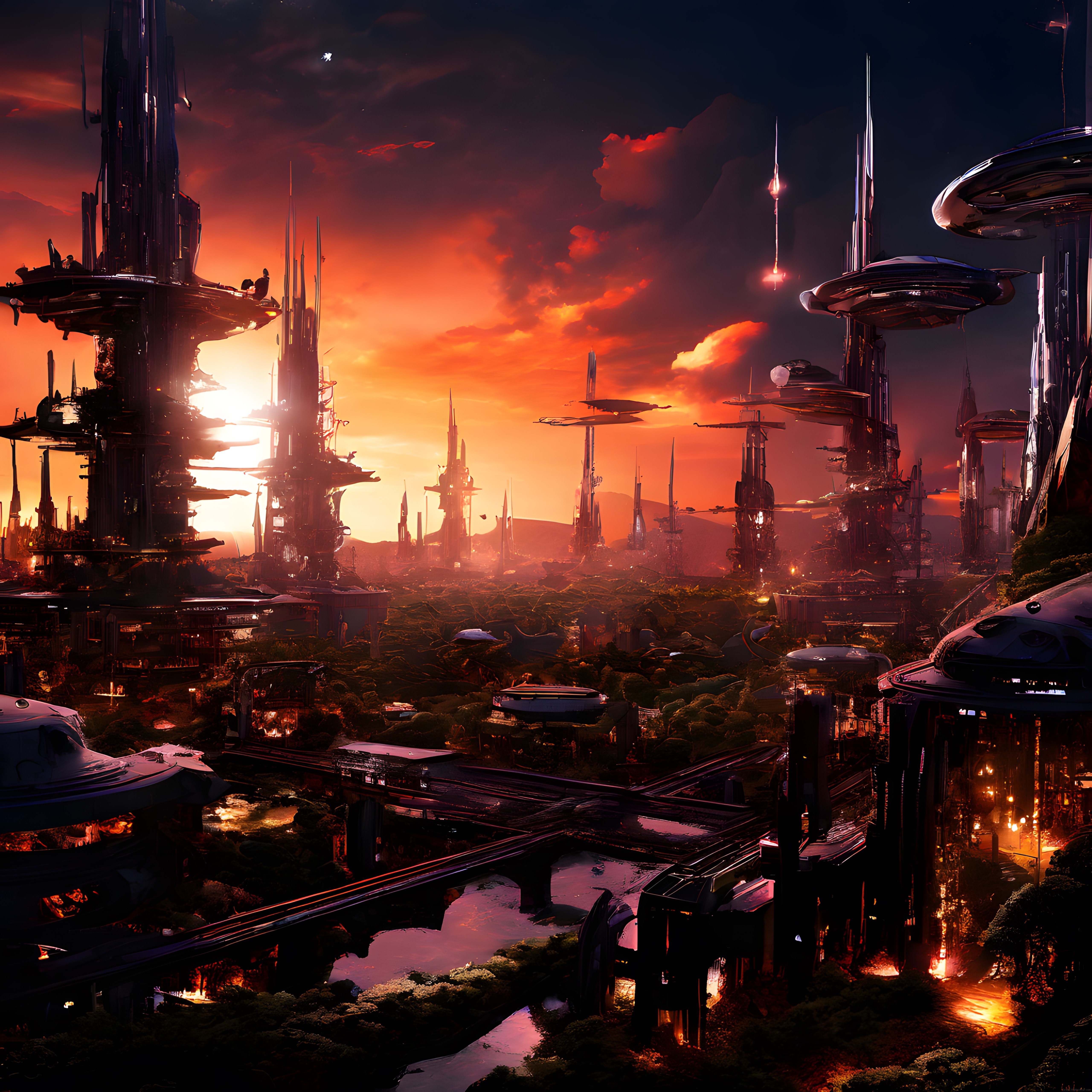 kızıl gün batımı altında yükselen gelecek şehrinin cyberpunk manzarası