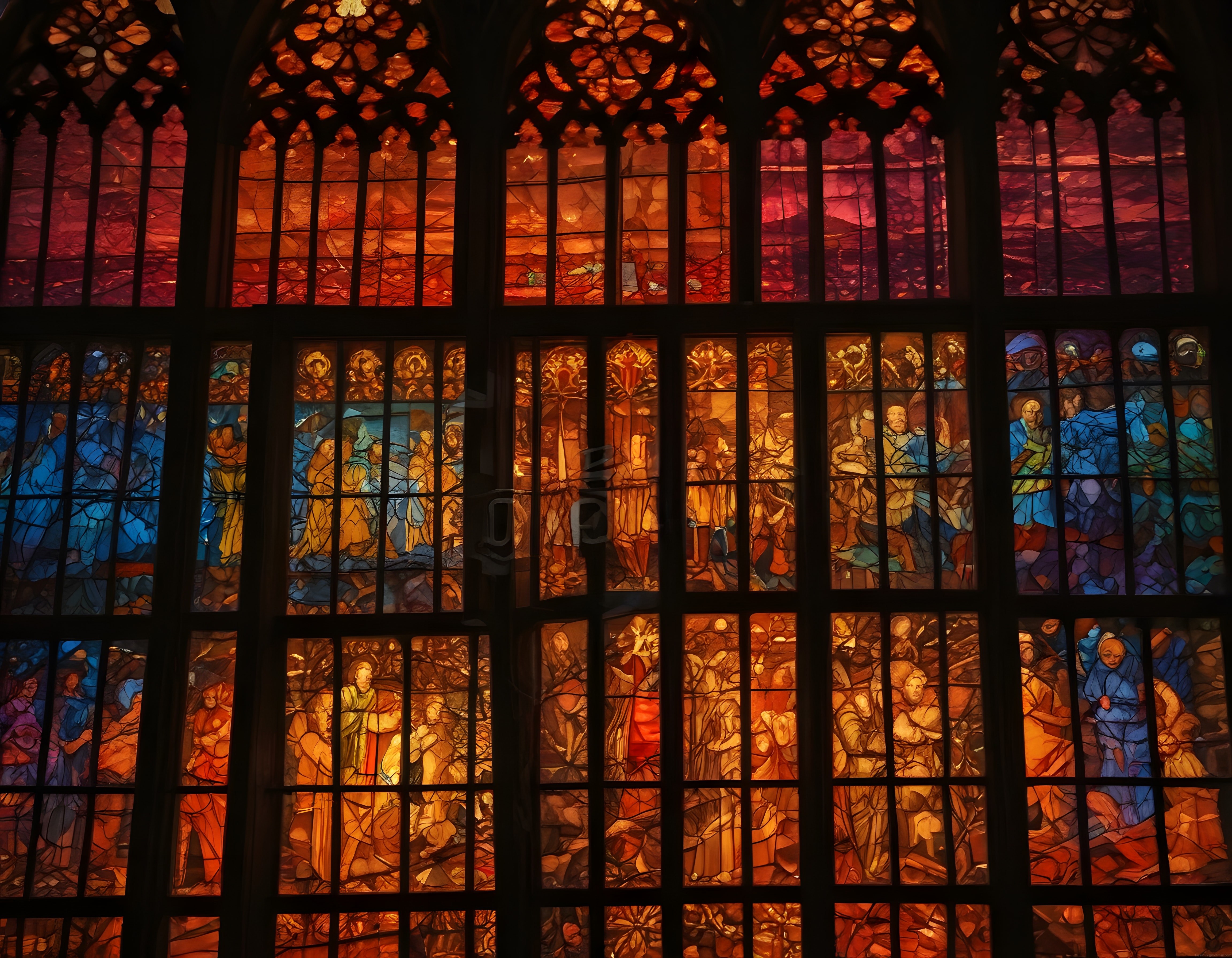 Kızıl Işıkta Gotik Katedral Vitrayı: Tarihi Cam İşçiliği ve Kutsal Figürler