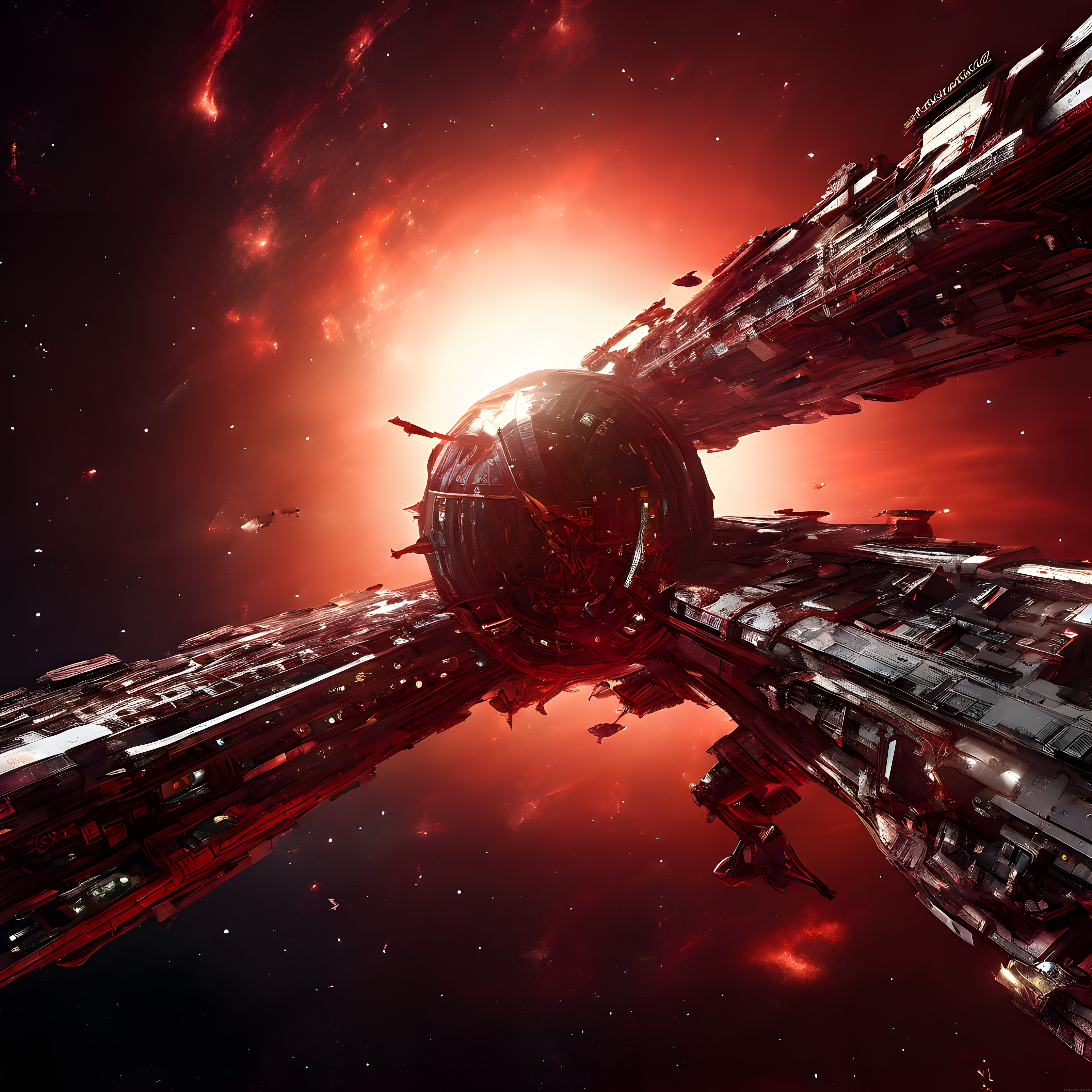 Kızıl Nebula Önünde Devasa Bilim Kurgu Uzay İstasyonu ve Gemi Konsepti
