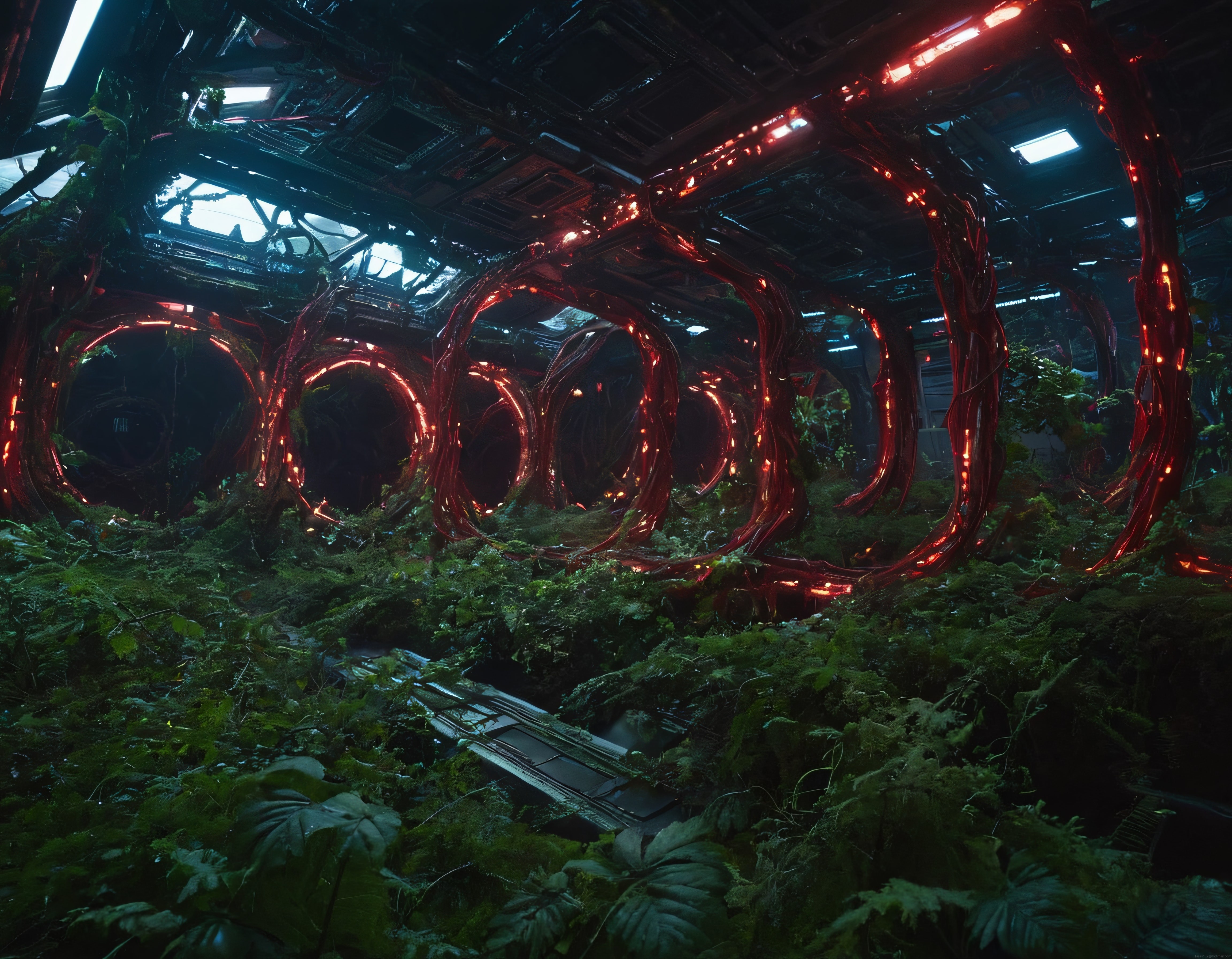Kızıl Neon Işıklarla Süslenmiş Terkedilmiş Uzay İstasyonunun Gizemli Ormanı
