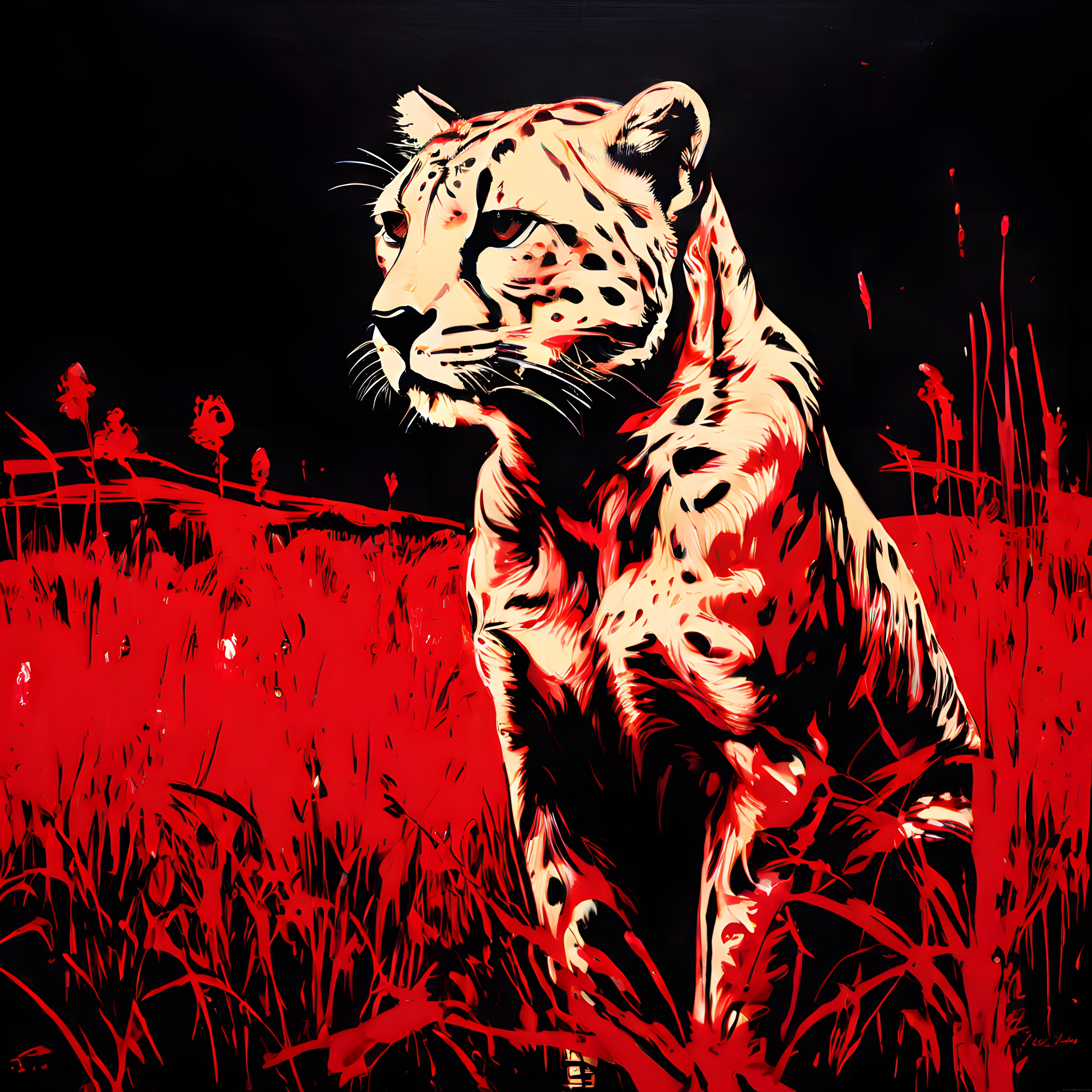 Kızıl Sazlıklar Arasında Gizlenen Çita: Cesur Pop Art Dijital İllüstrasyon