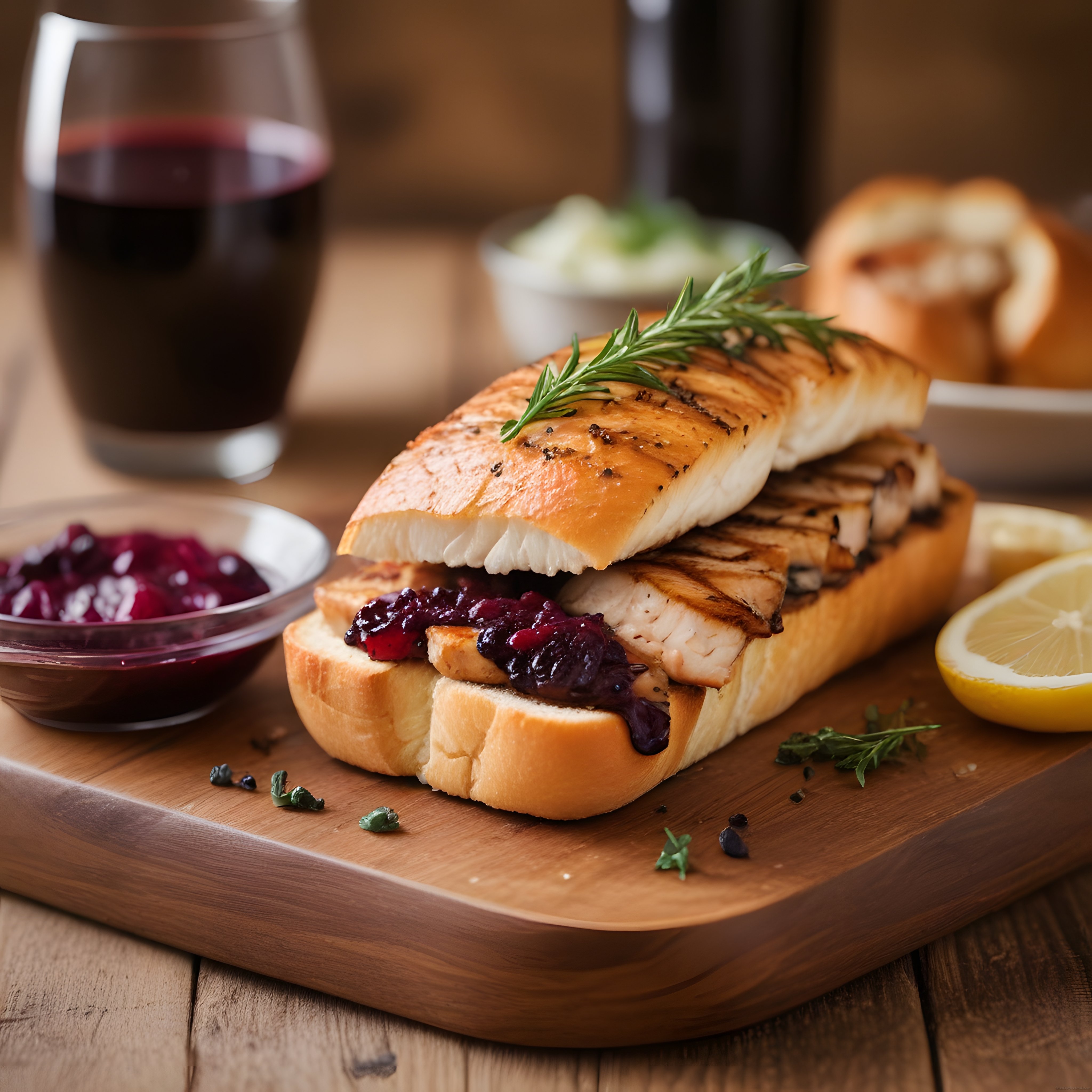 Kızılcık soslu ızgara tavuk sandviç, kekik dalı ve limonla sunuluyor
