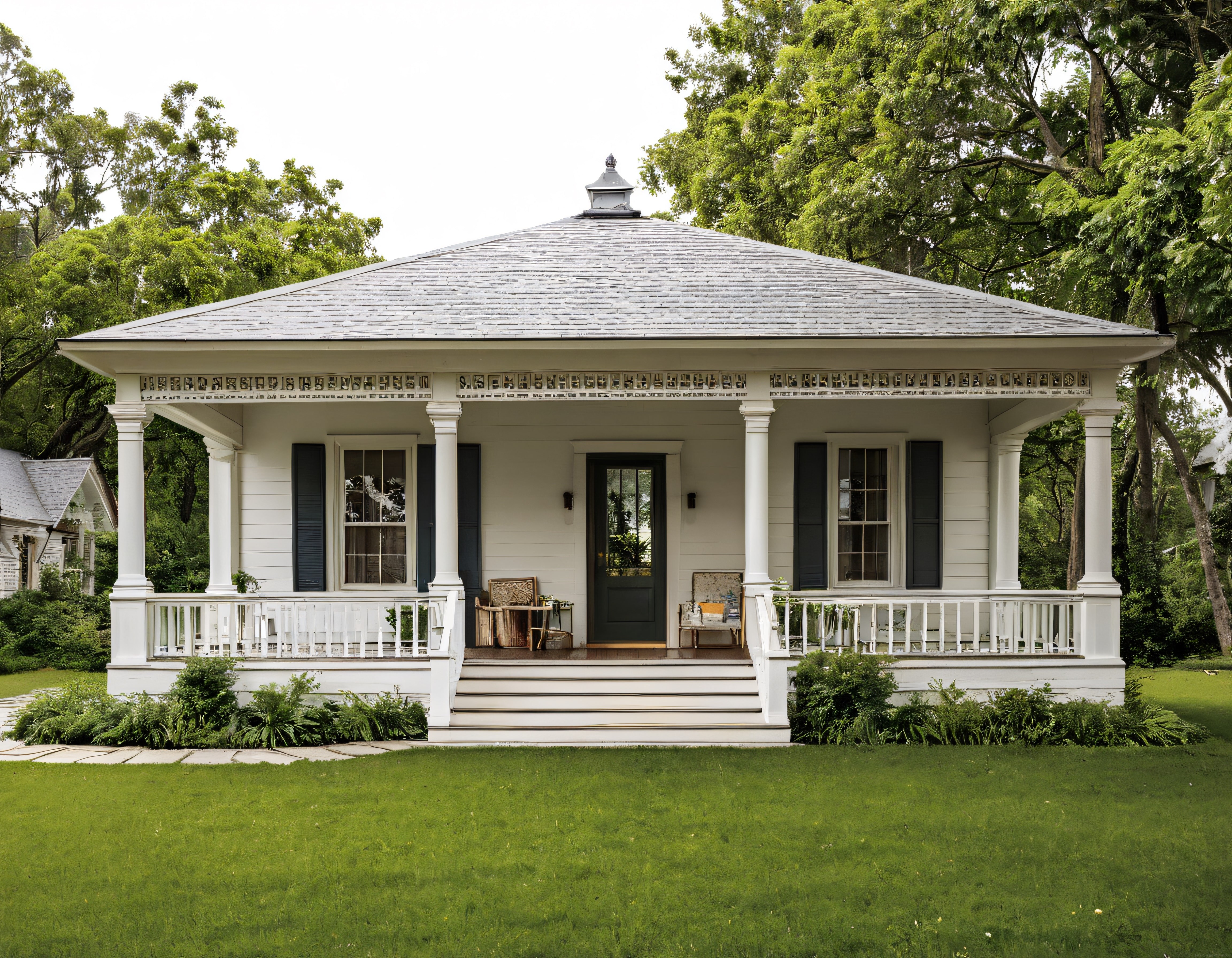 Klasik Beyaz Verandalı Amerikan Kır Evi ve Yemyeşil Bahçe Manzarası