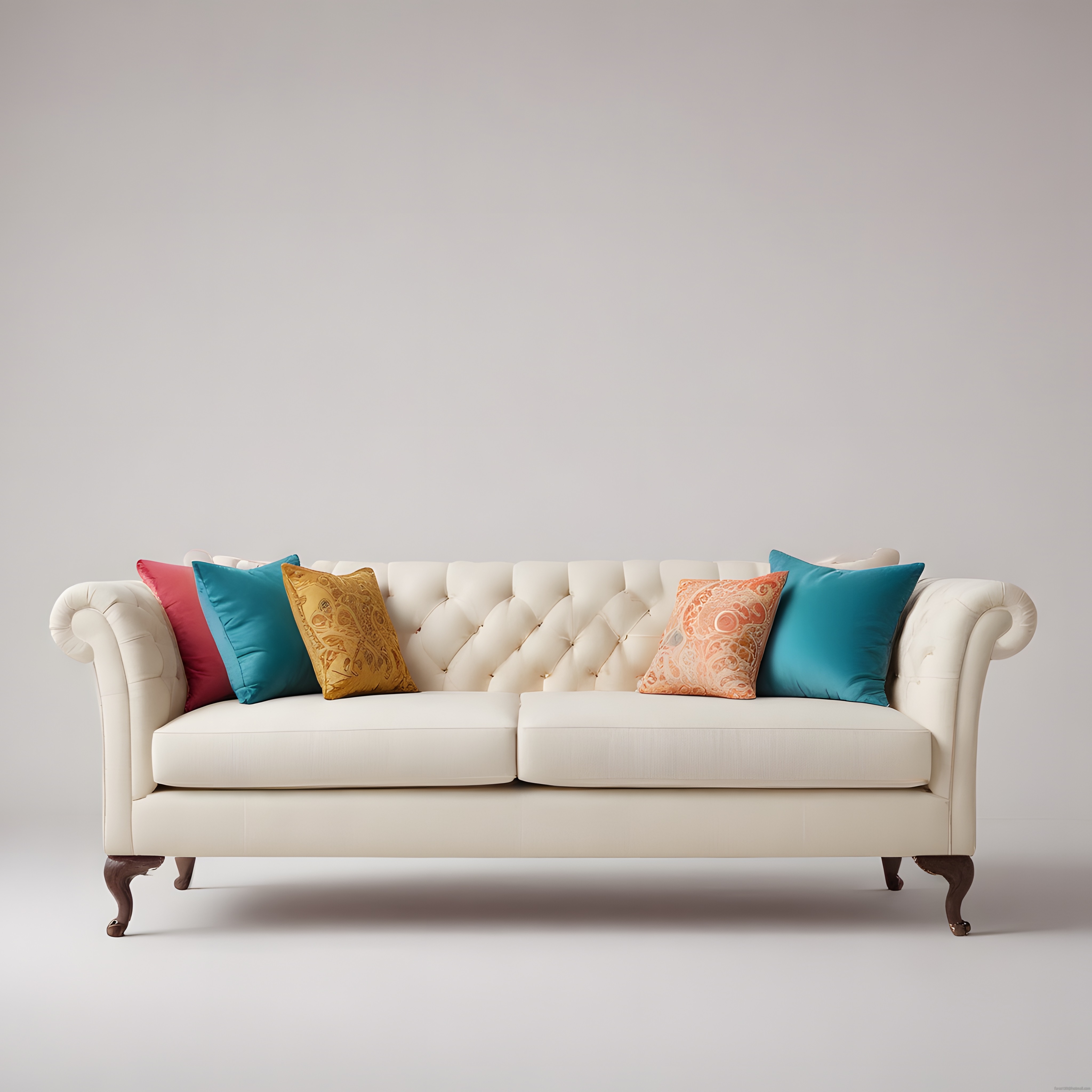 Klasik Chesterfield Krem Kanepe ile Canlı Renkli Dekoratif Yastık Uyumu