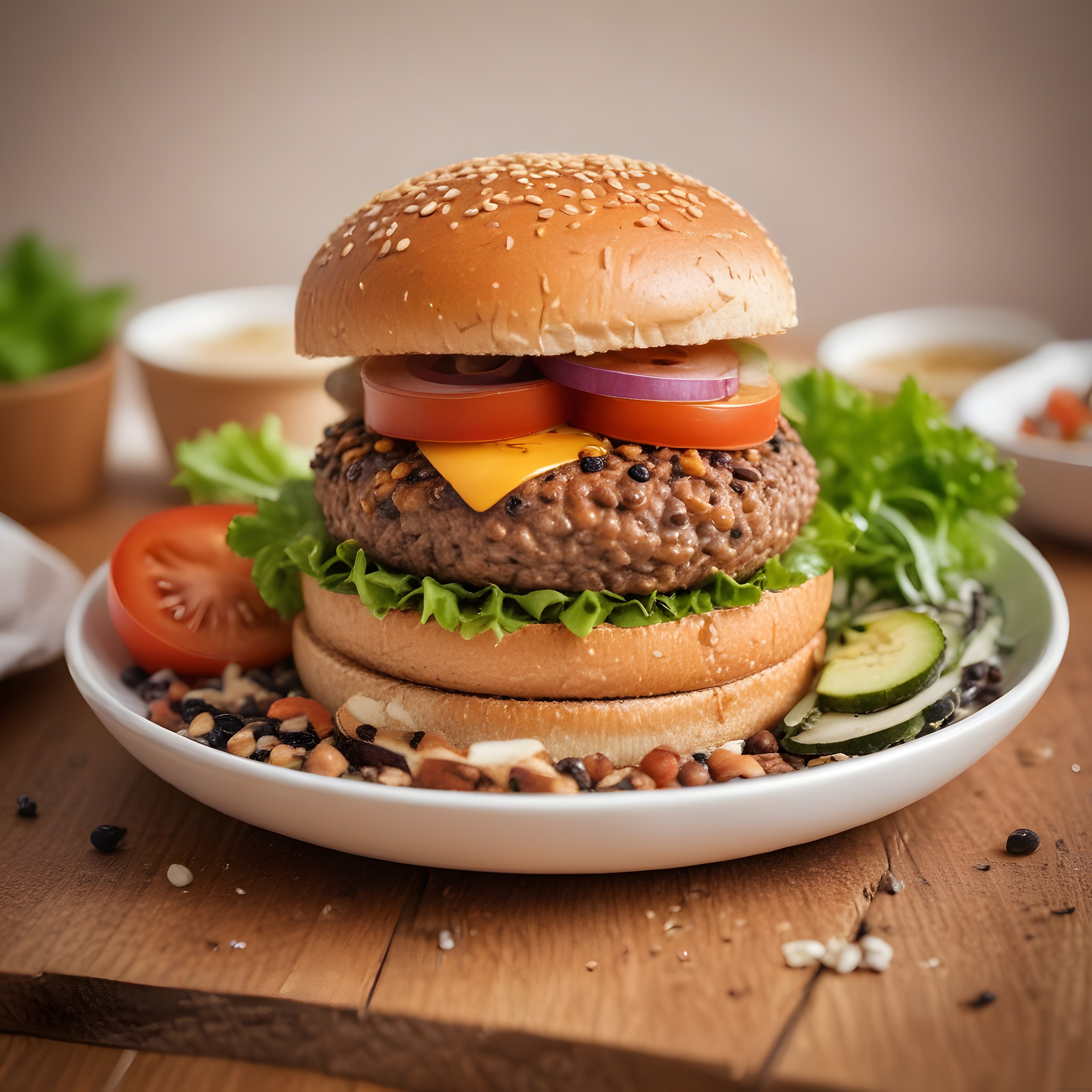 Klasik Gurme Burger: Susamlı Ekmek, Cheddar Peyniri ve Taze Sebzelerle