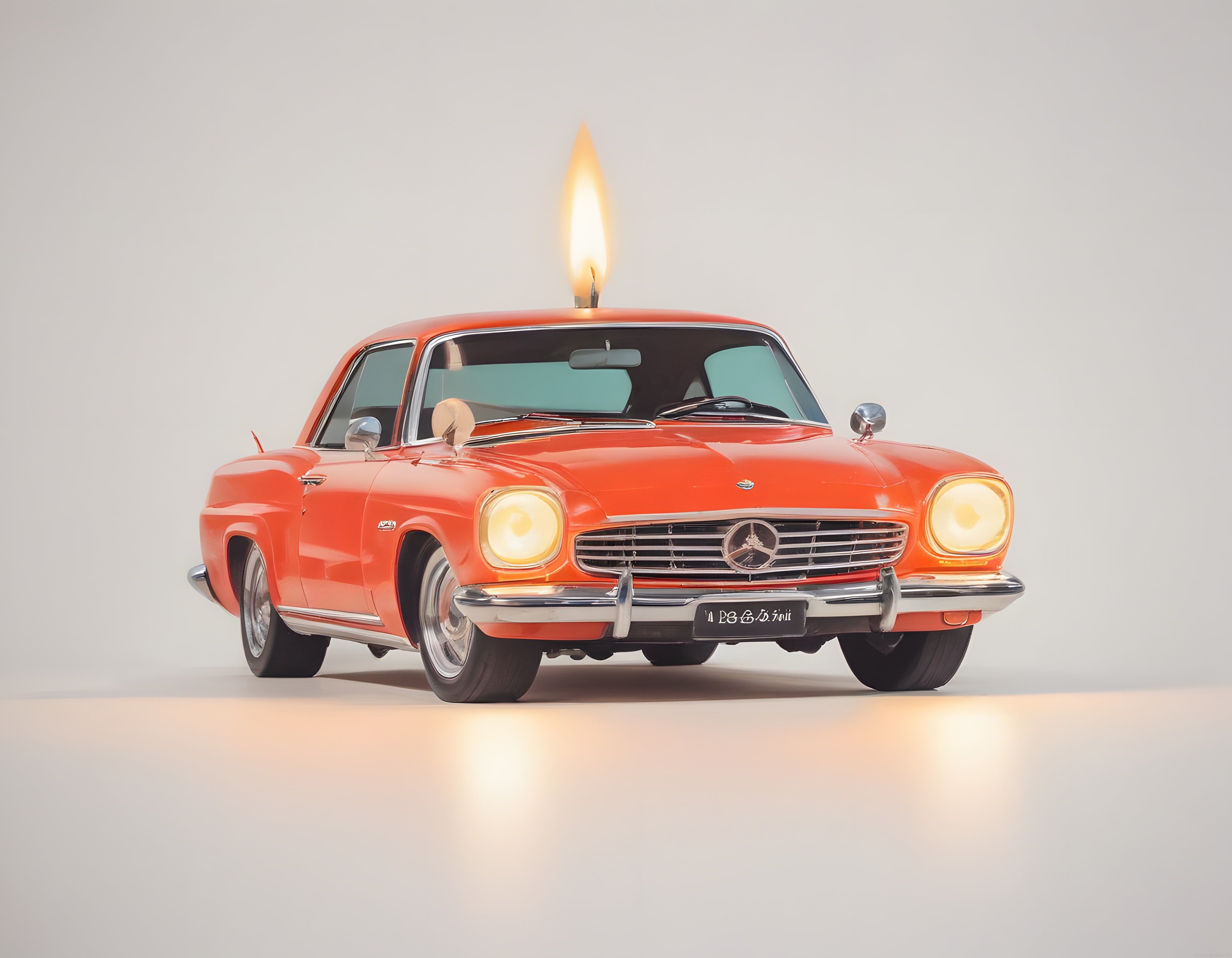 Klasik Kırmızı Mercedes Üzerinde Yanan Mum ile Nostaljik Doğum Günü Tasarımı