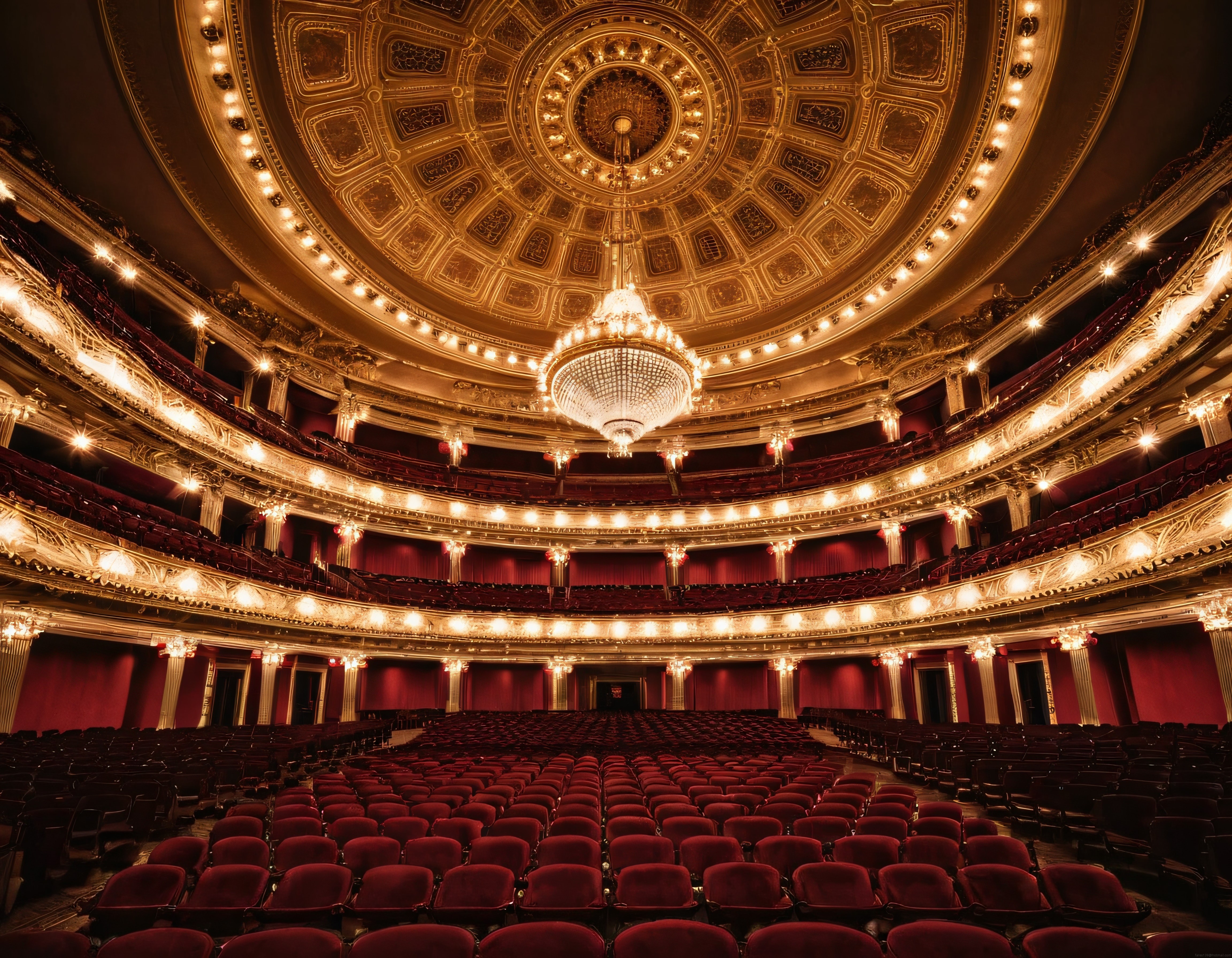 Klasik Opera Salonu İçi, Altın Varaklı Kubbe ve Kırmızı Kadife Koltuklar