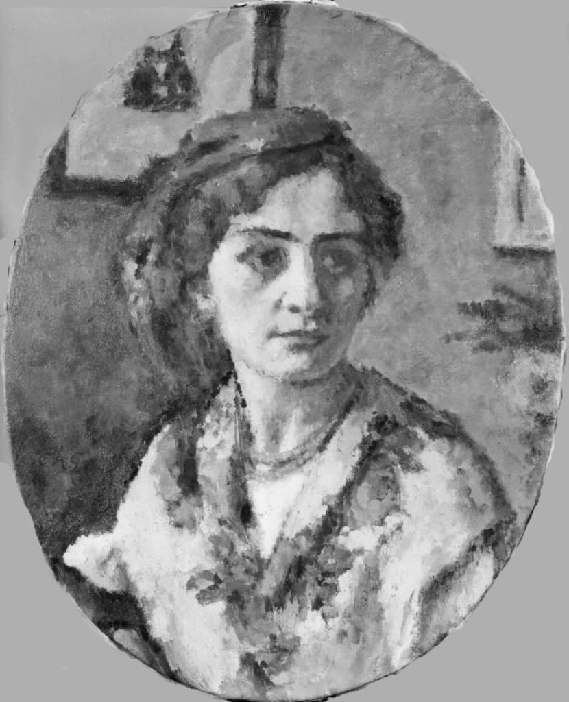 Klasik oval çerçevede siyah beyaz suluboya kadın portresi sanat eseri