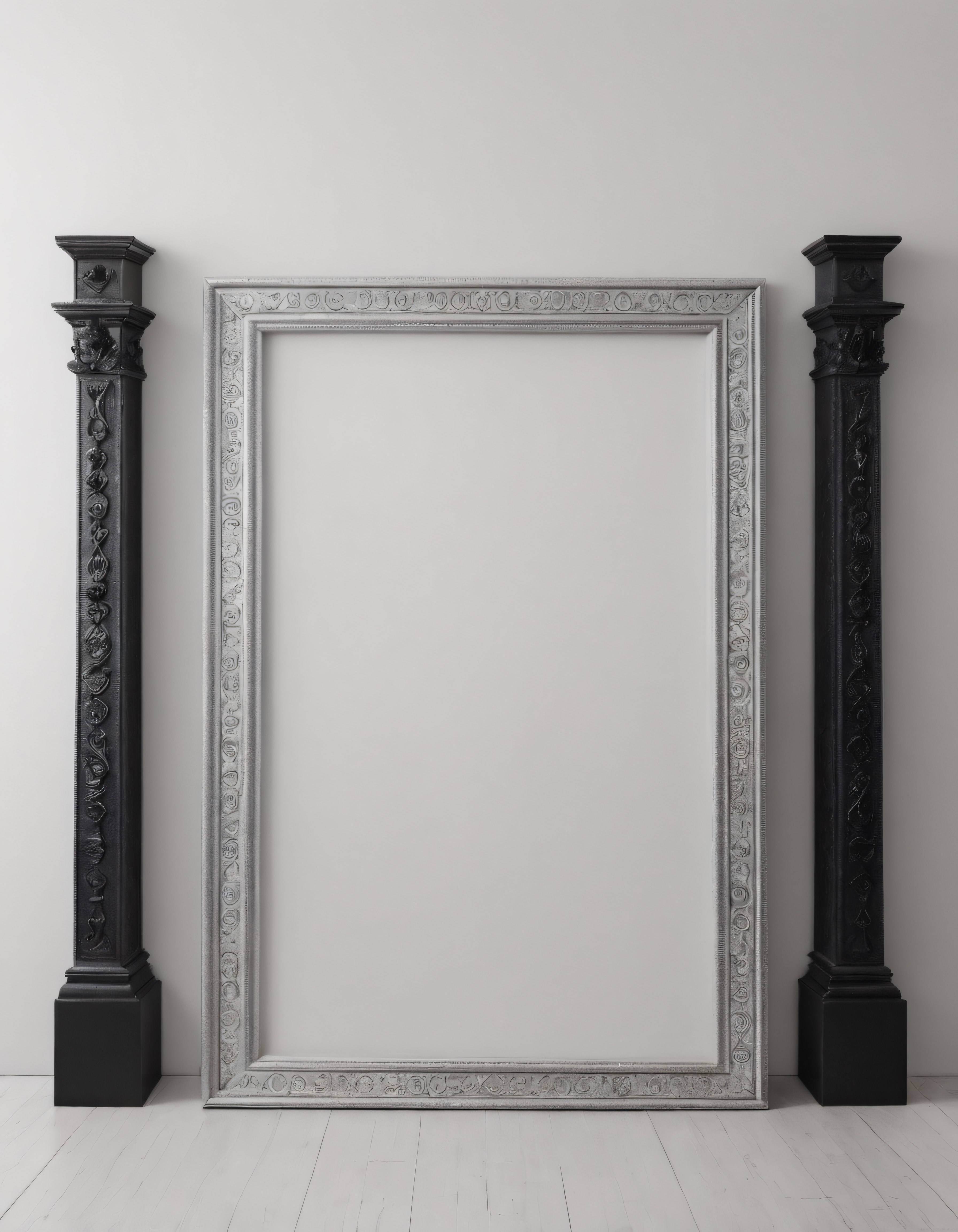 Klasik süslü çerçeve ve siyah sütunlarla beyaz duvarlı minimalist dekorasyon