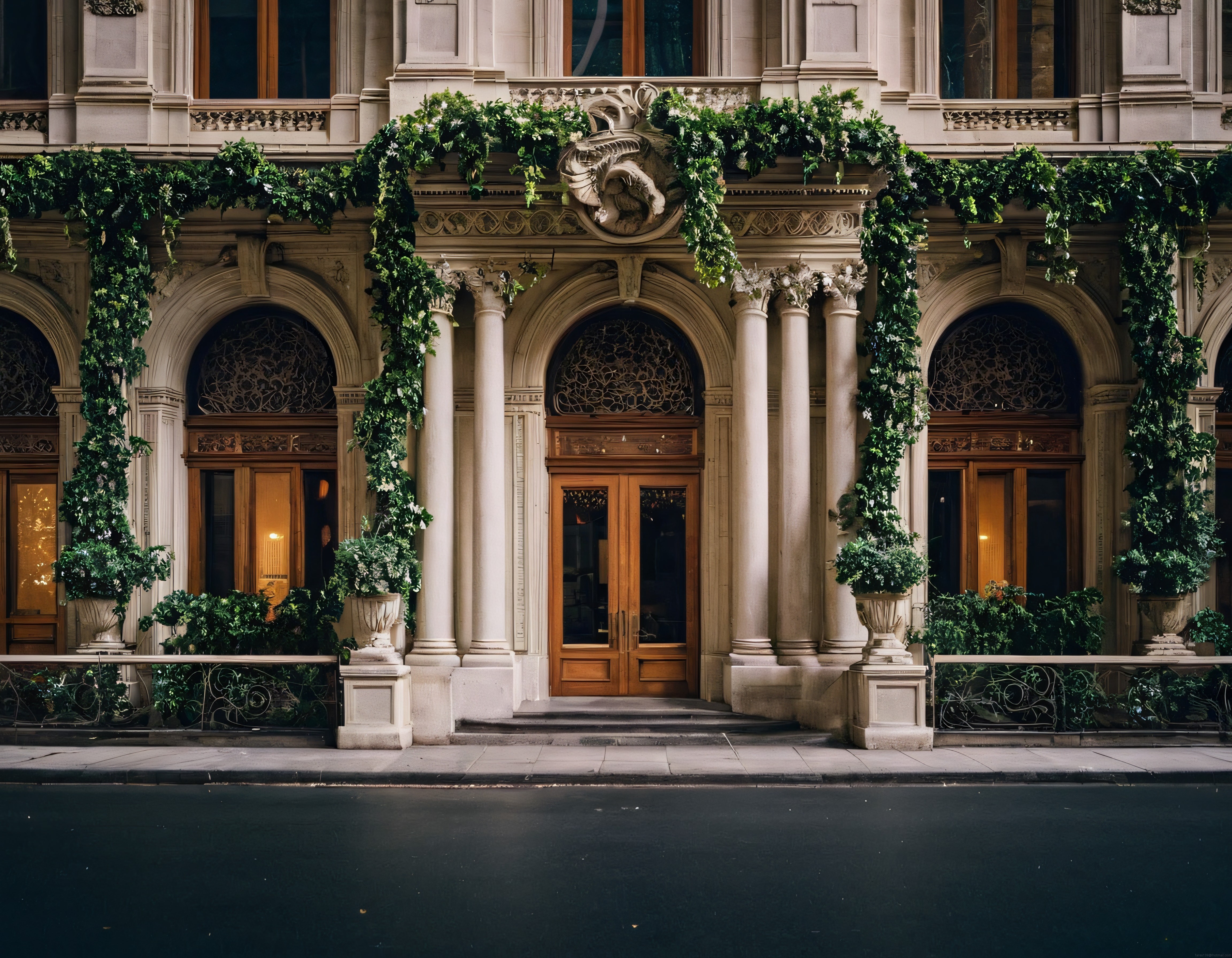 Klasik Sütunlu Tarihi Bina Cephesi: Yeşil Asma Kaplı Lüks Taş Yapı Girişi