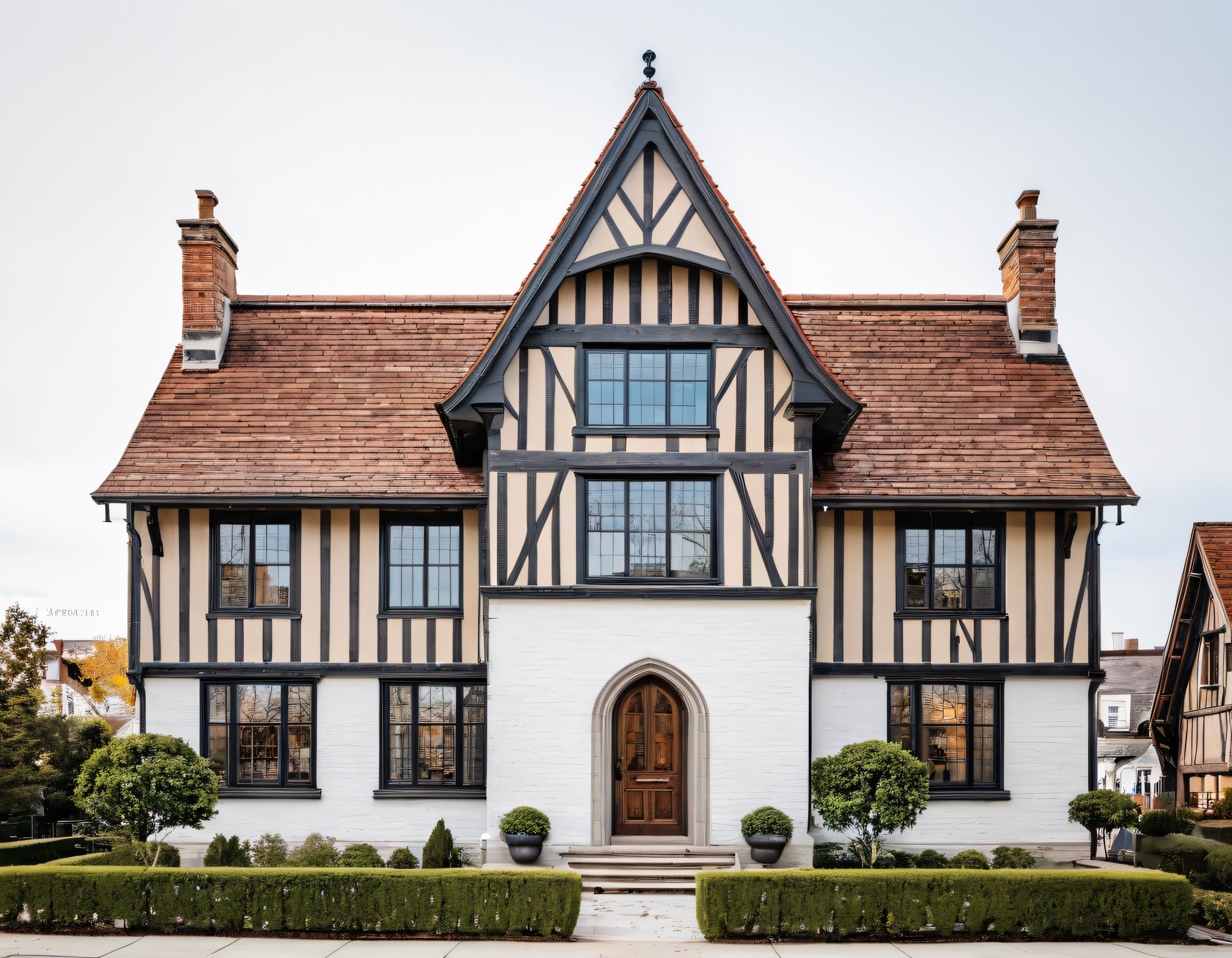 Klasik Tudor Mimarisine Sahip Yarı Ahşap Karkaslı Beyaz Cepheli Şık Konak