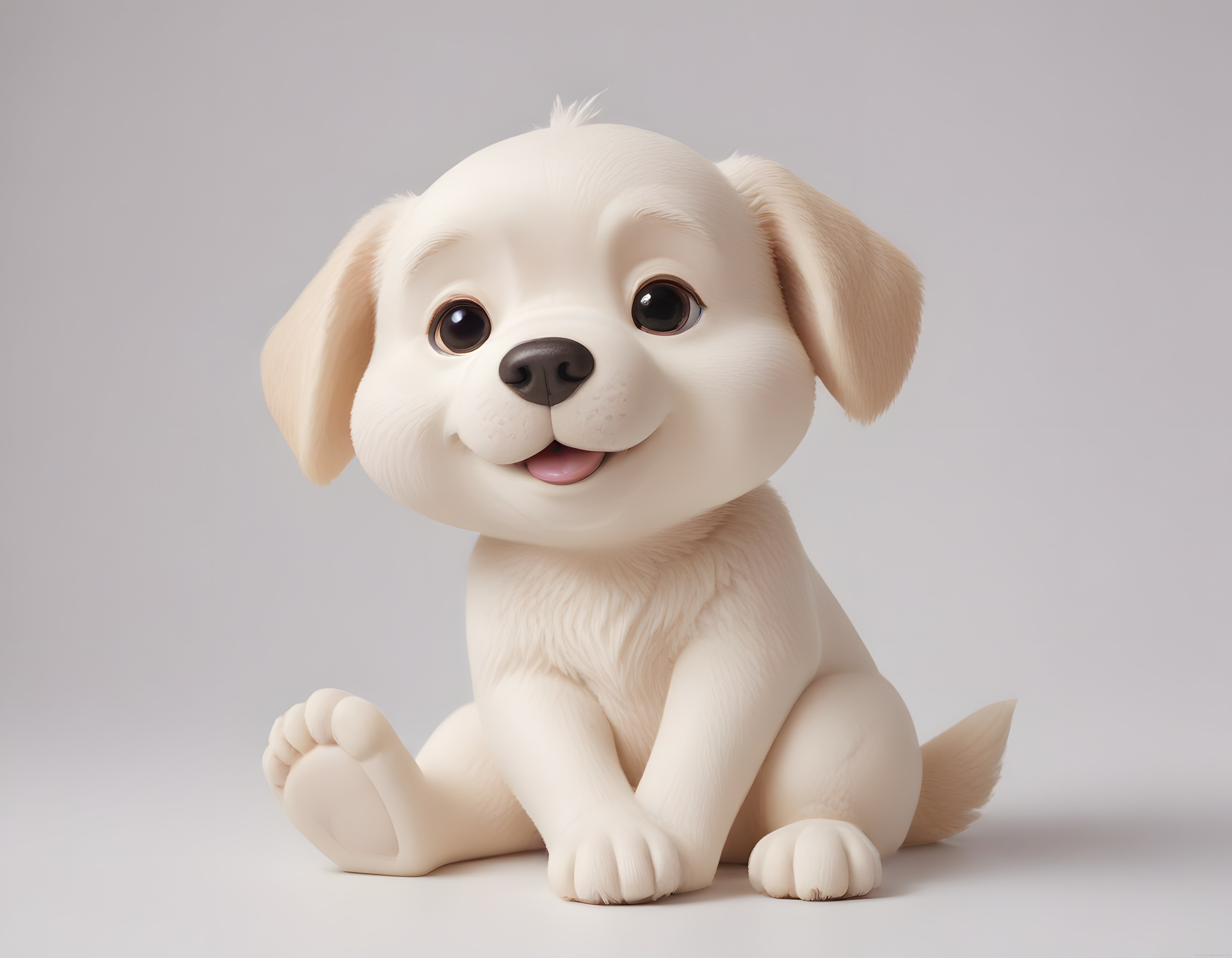 kocaman gözlü gülümseyen sevimli beyaz köpek yavrusu 3d animasyon figürü