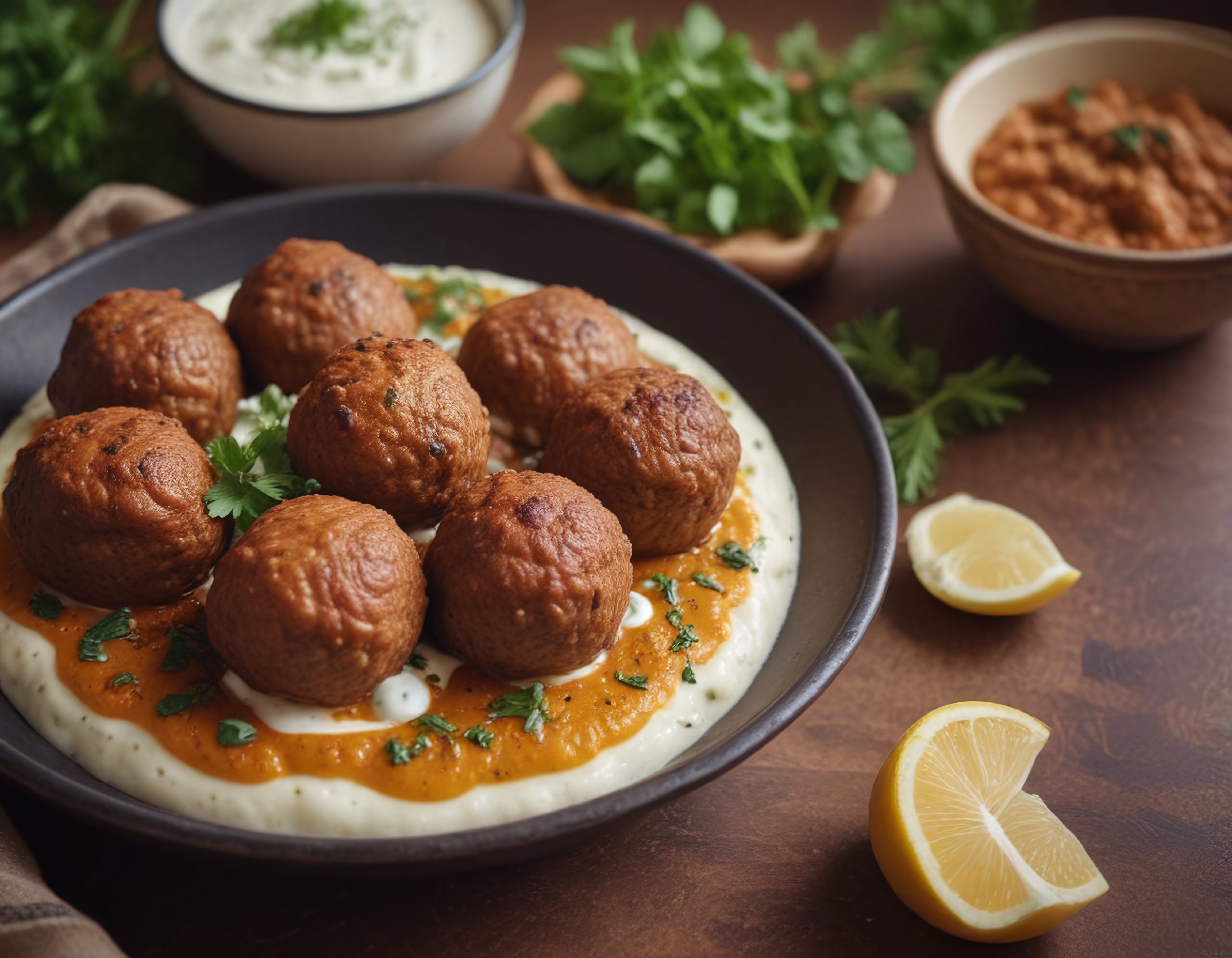 Köfteli Patates Püresi Sunumu: Domates Soslu ve Limon Eşliğinde Ana Yemek