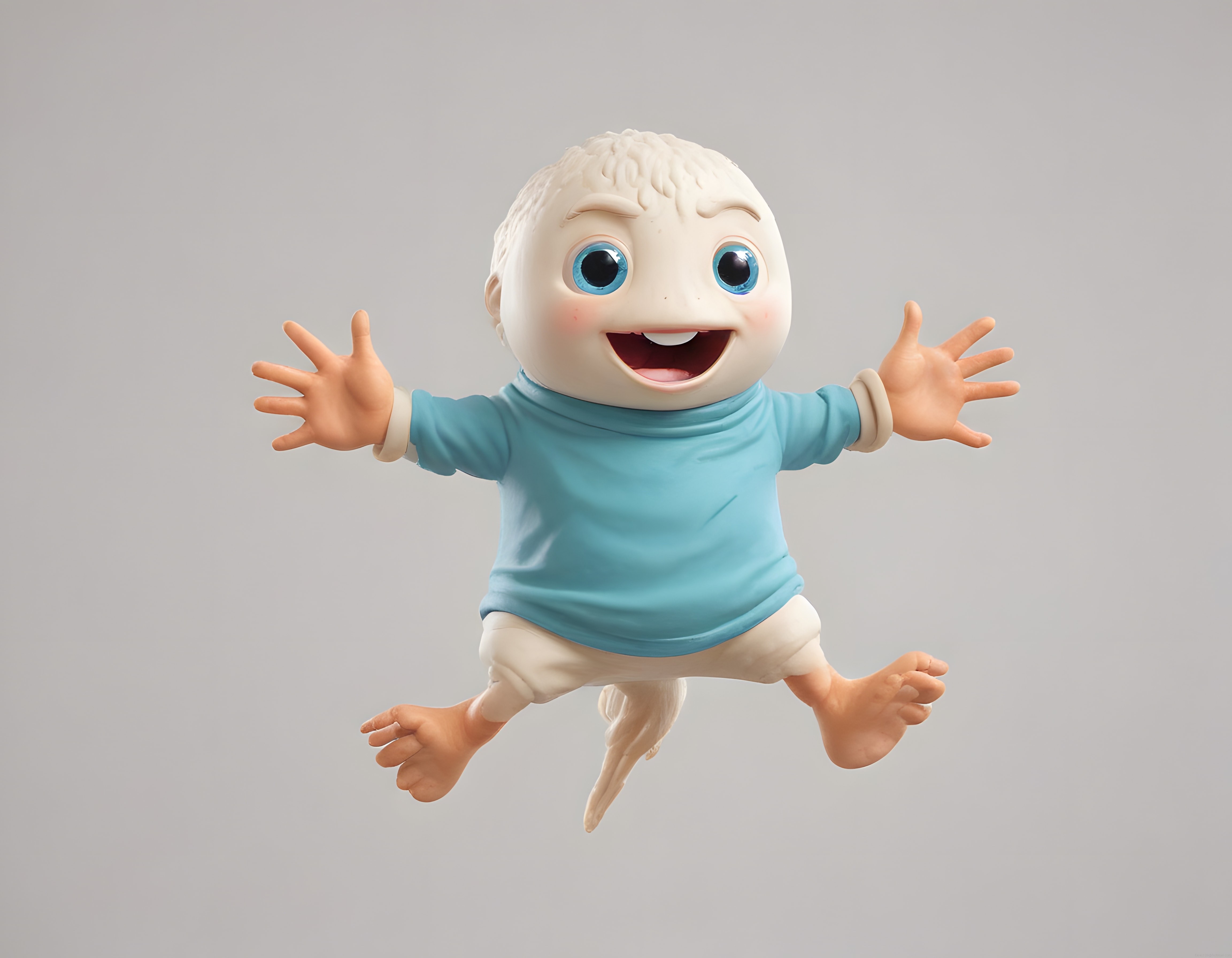 Kolları Açık Mutlu 3D Bebek Karakteri Mavi Tişört Gri Arka Plan