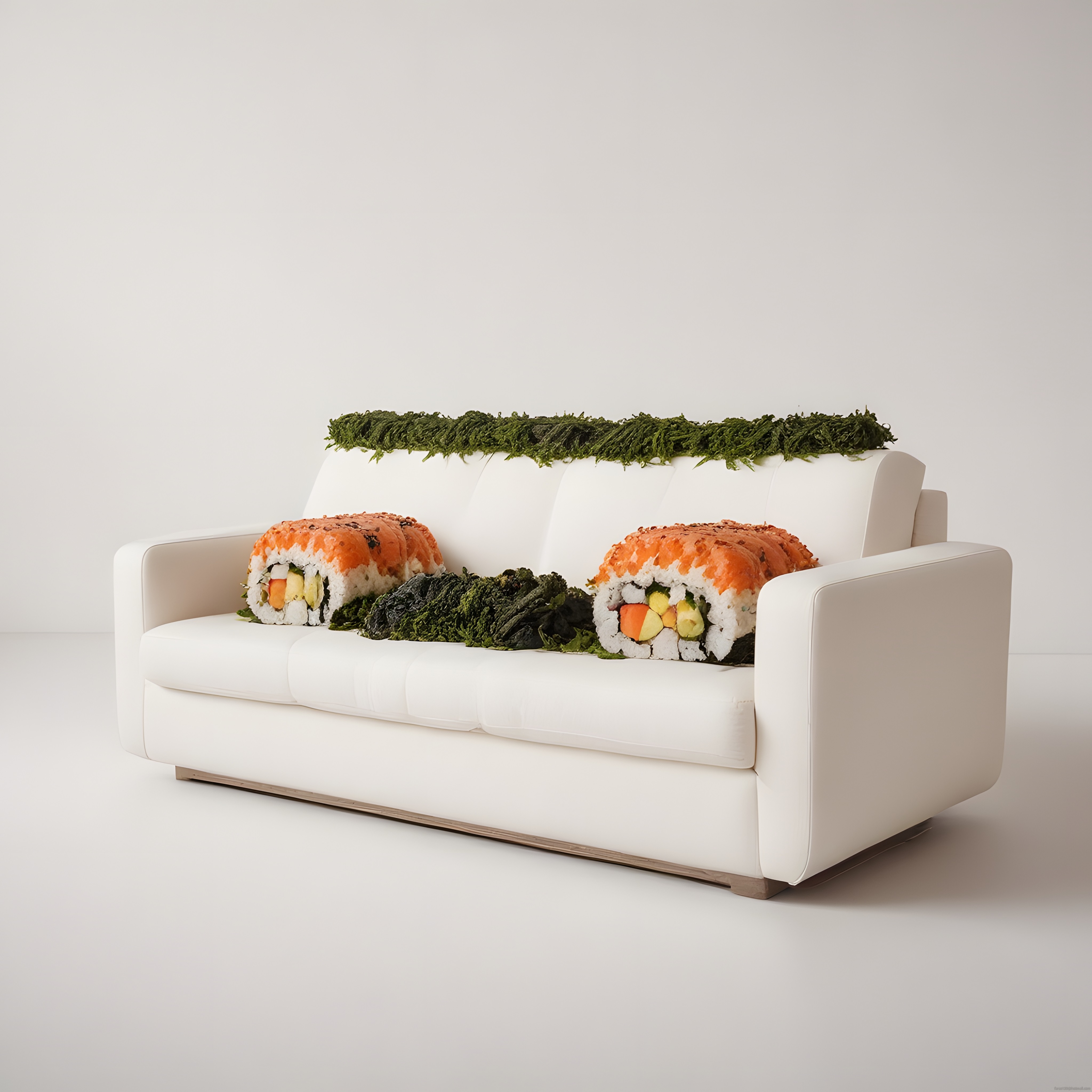 Koltuktaki Dev Sushi Yastıkları: Sürreal Yemek Temalı Konsept Sanat Projesi