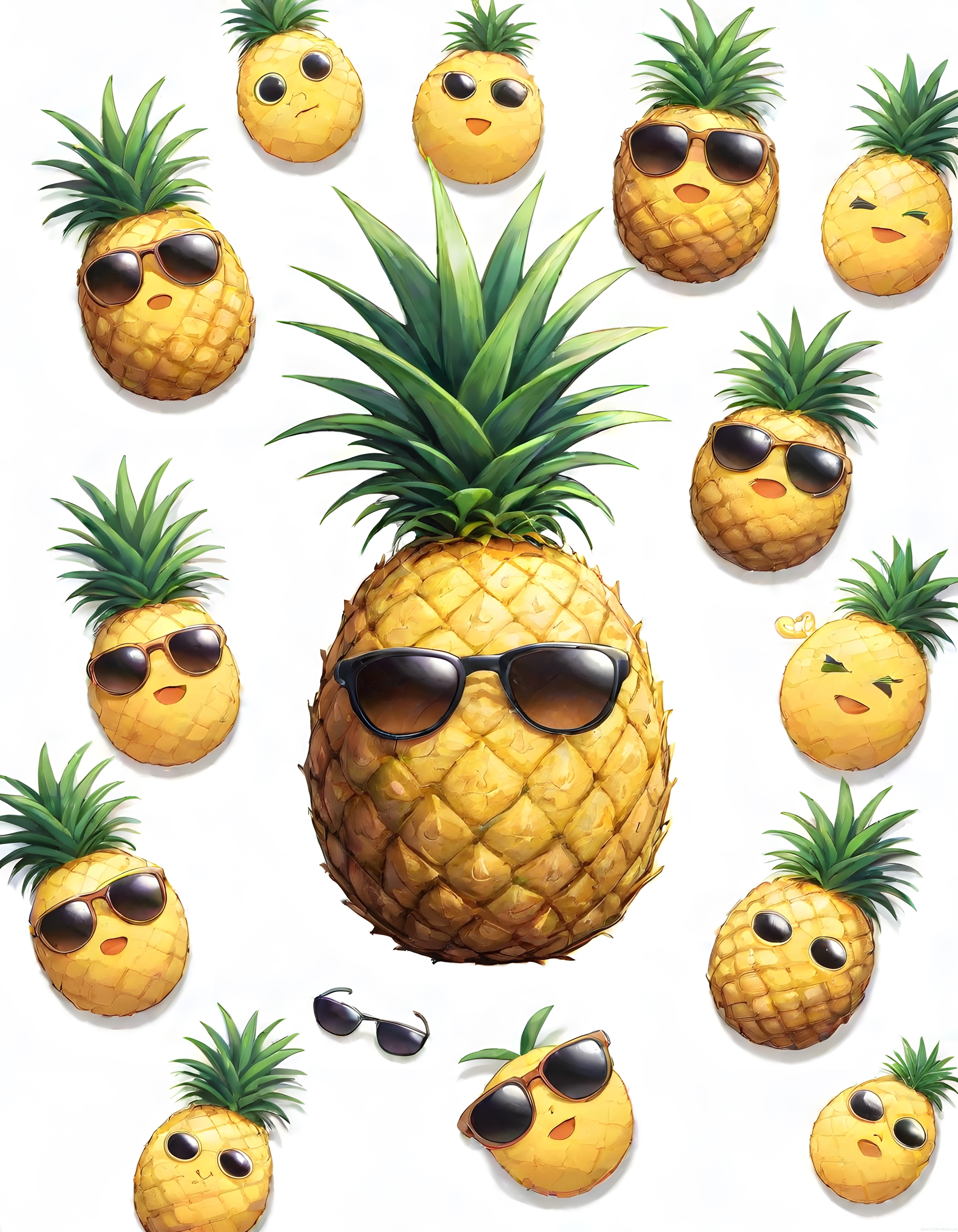 Komik Güneş Gözlüklü Ananas Karakterleri ve Tatlı Yüz İfadeleri