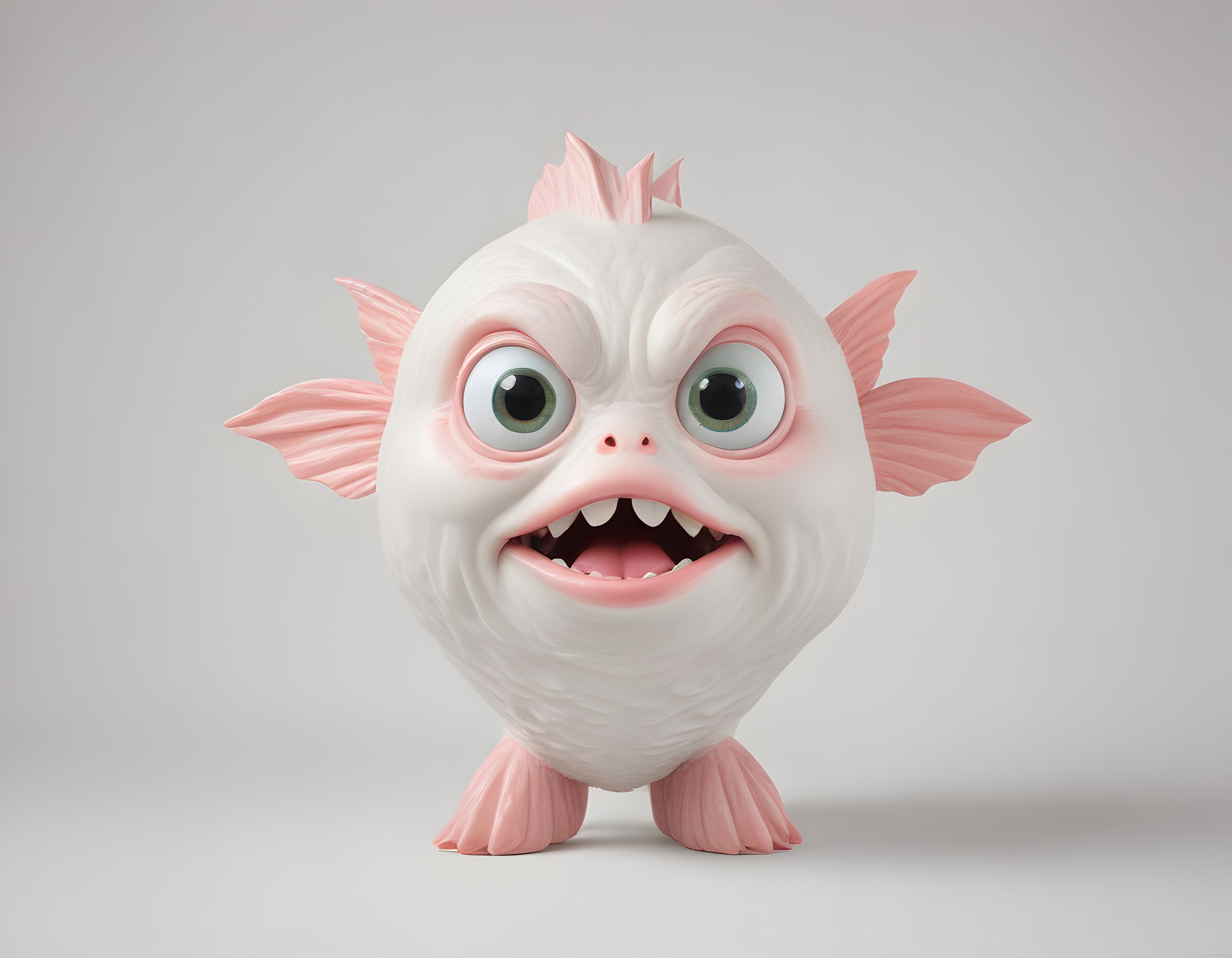 Komik ve Şaşkın İfadeli Pembe Beyaz Balık Canavarı 3D Tasarımı