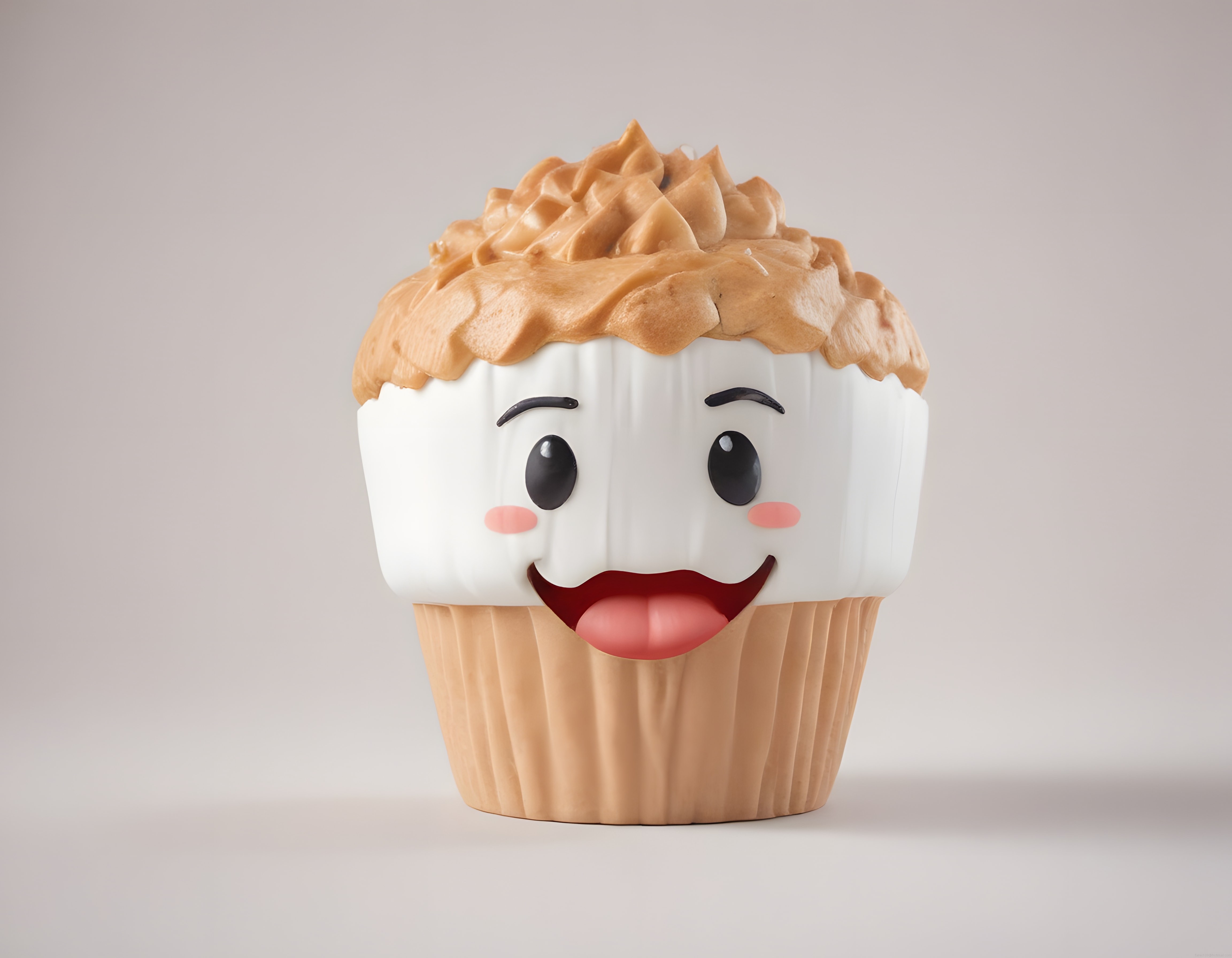 Komik yüz ifadeli cupcake: Dilini çıkaran 3D tatlı karakter illüstrasyonu