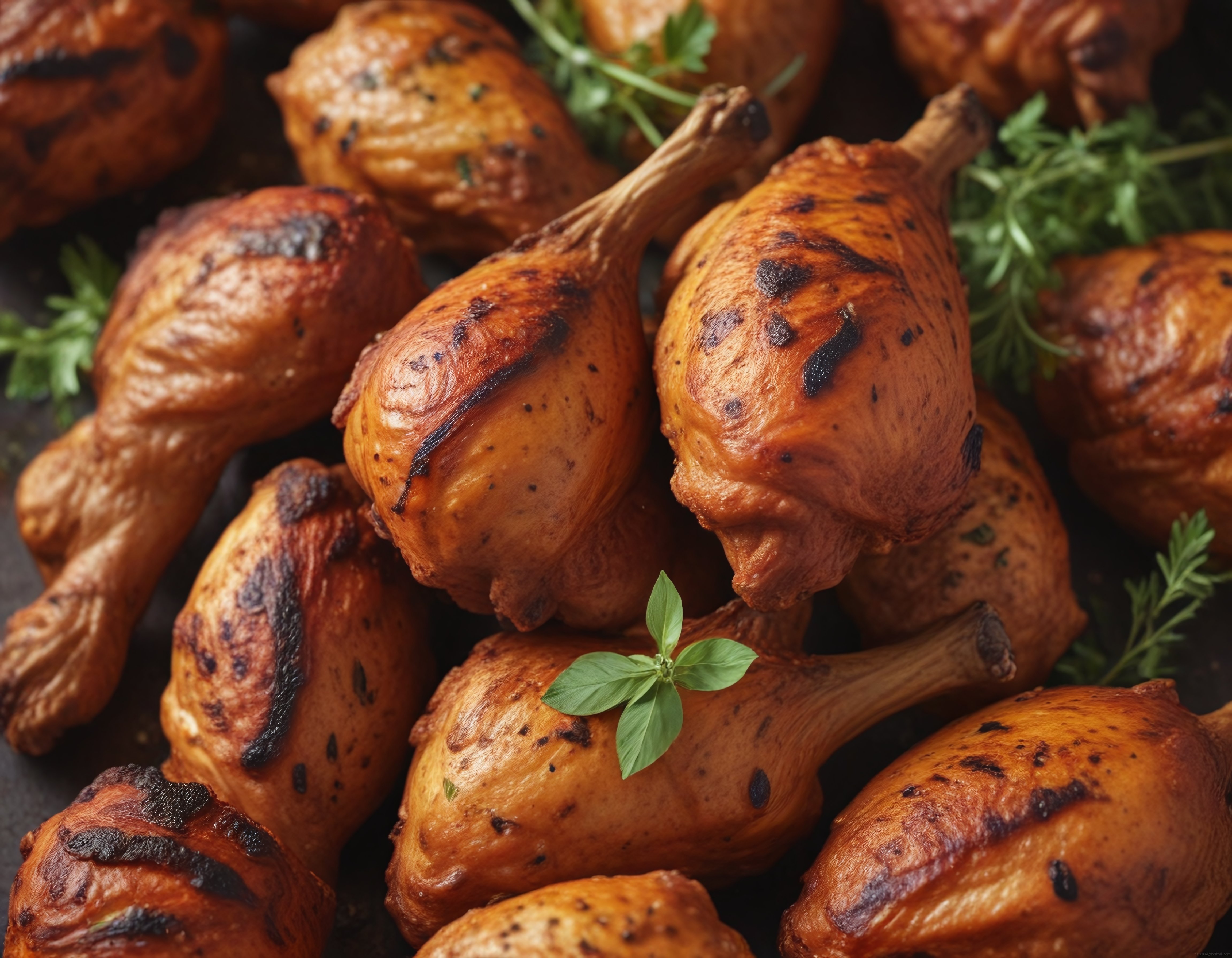 Kömür ateşinde kızarmış tavuk butları: Baharatlı barbekü lezzeti ve taze otlar