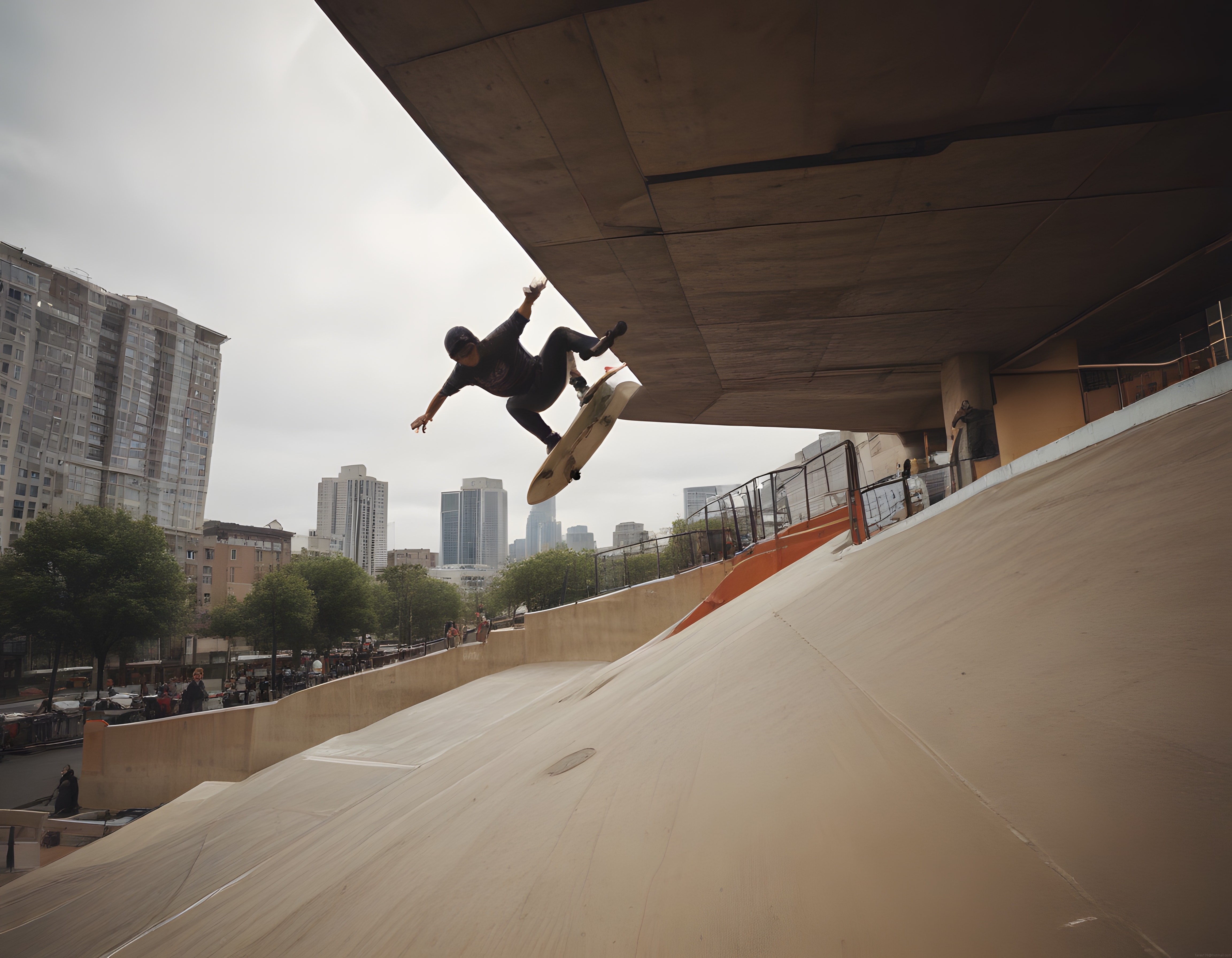 Köprü altı şehir skateparkında kaykaycıdan etkileyici havada hareket