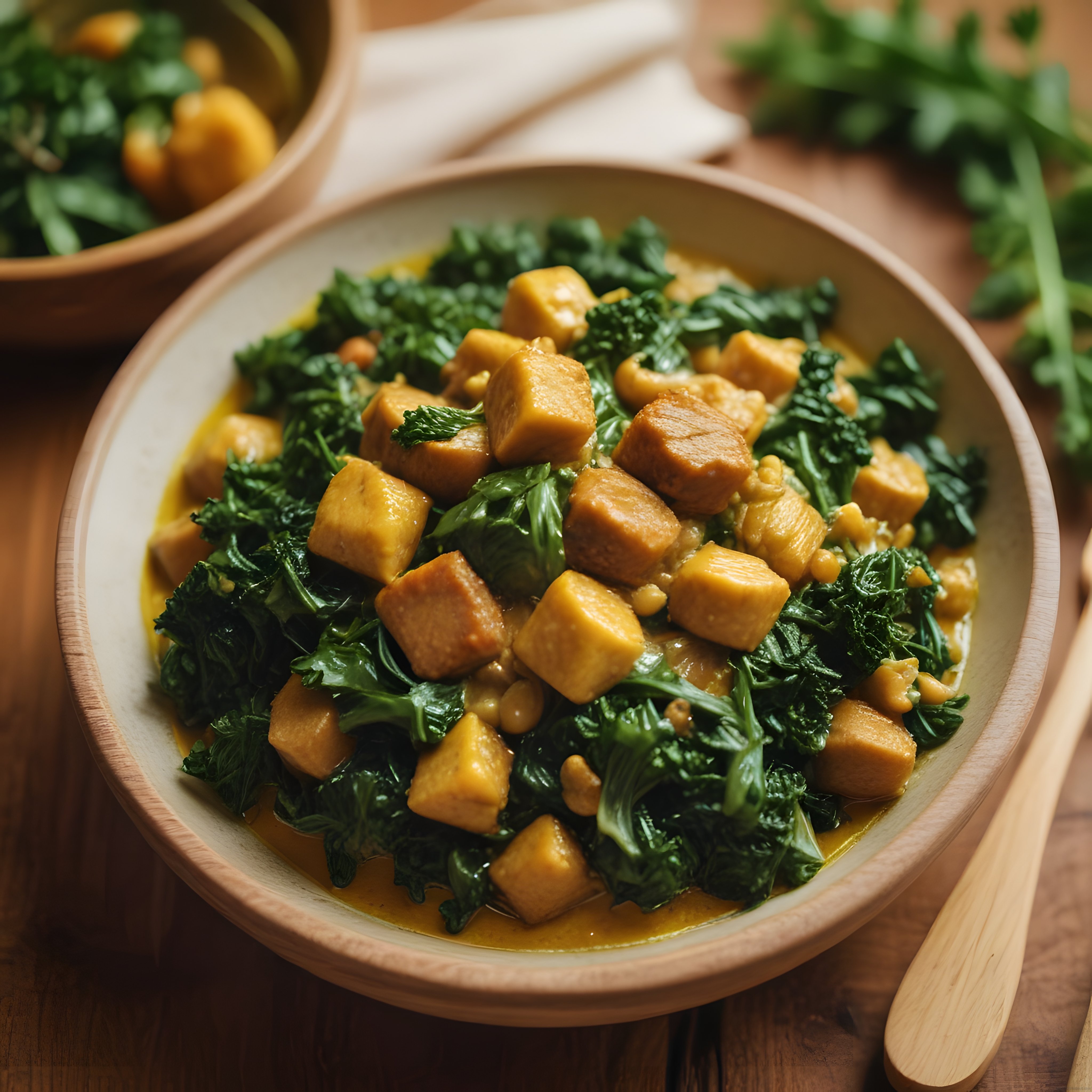 Köri Soslu Kavrulmuş Tofu ve Kuzu Kulağı ile Besleyici Vegan Kase