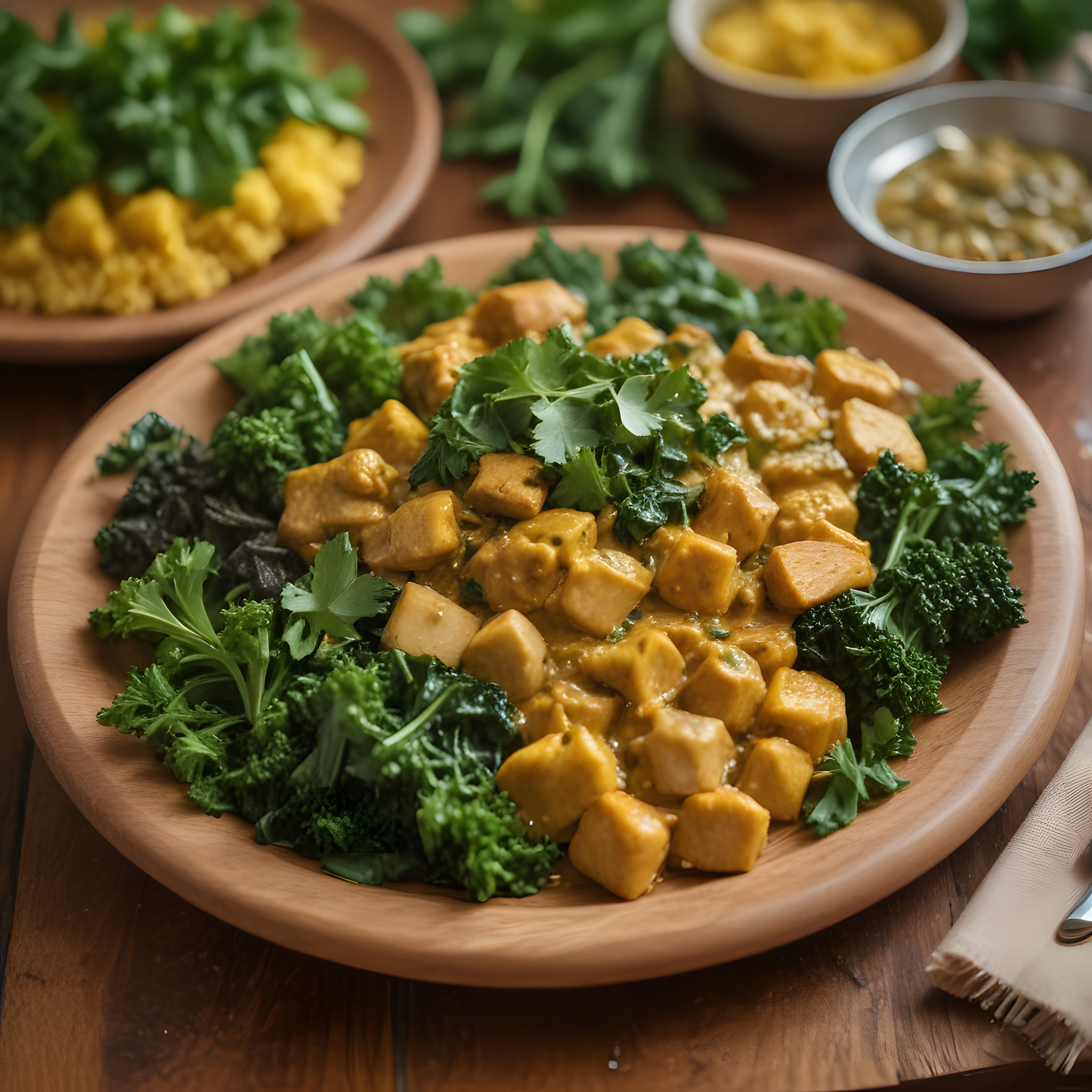 Köri Soslu Tofu ve Kıvırcık Lahana ile Besleyici Vegan Ana Yemek Sunumu