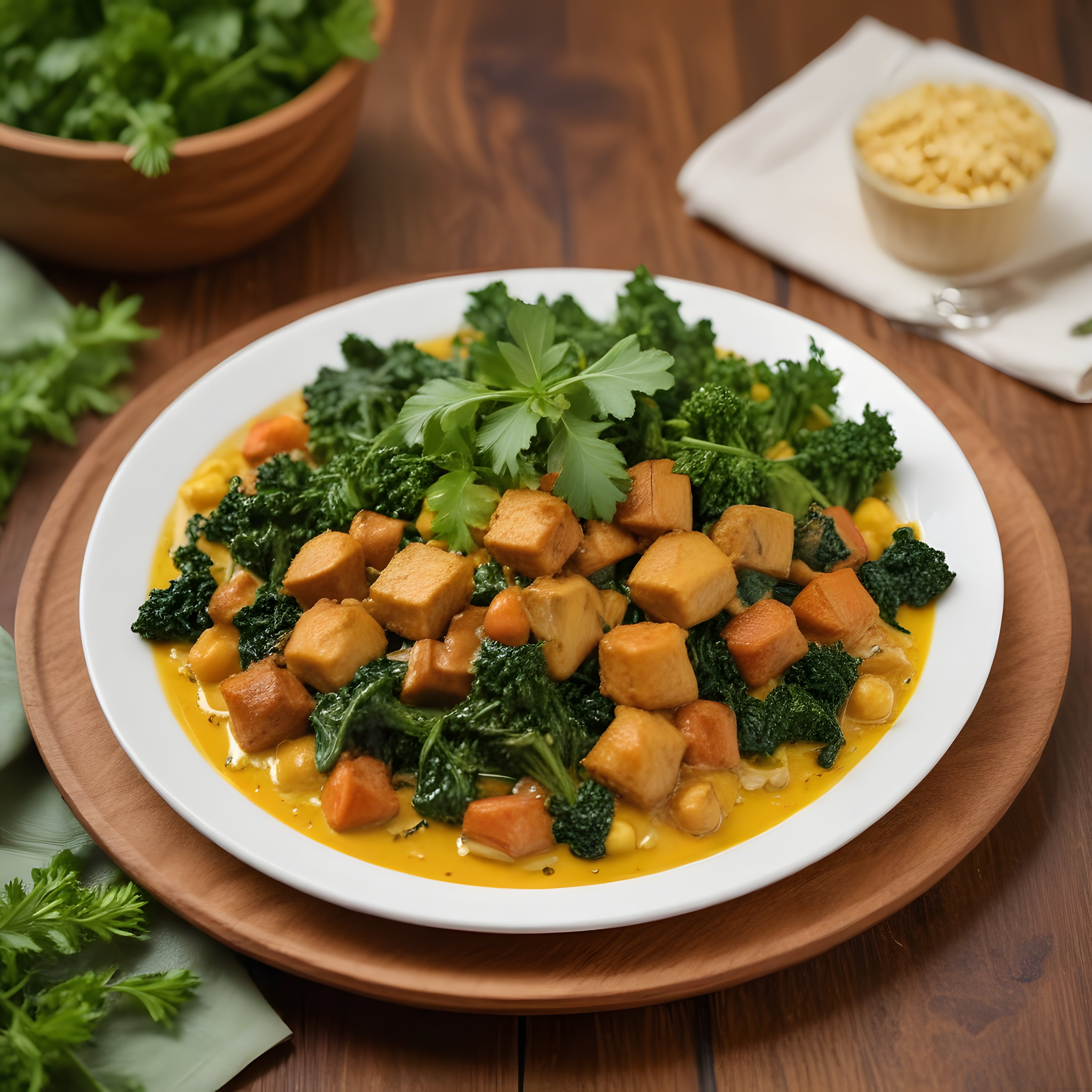 Köri Soslu Tofu ve Kıvırcık Lahana ile Besleyici Vegan Yemek Kase