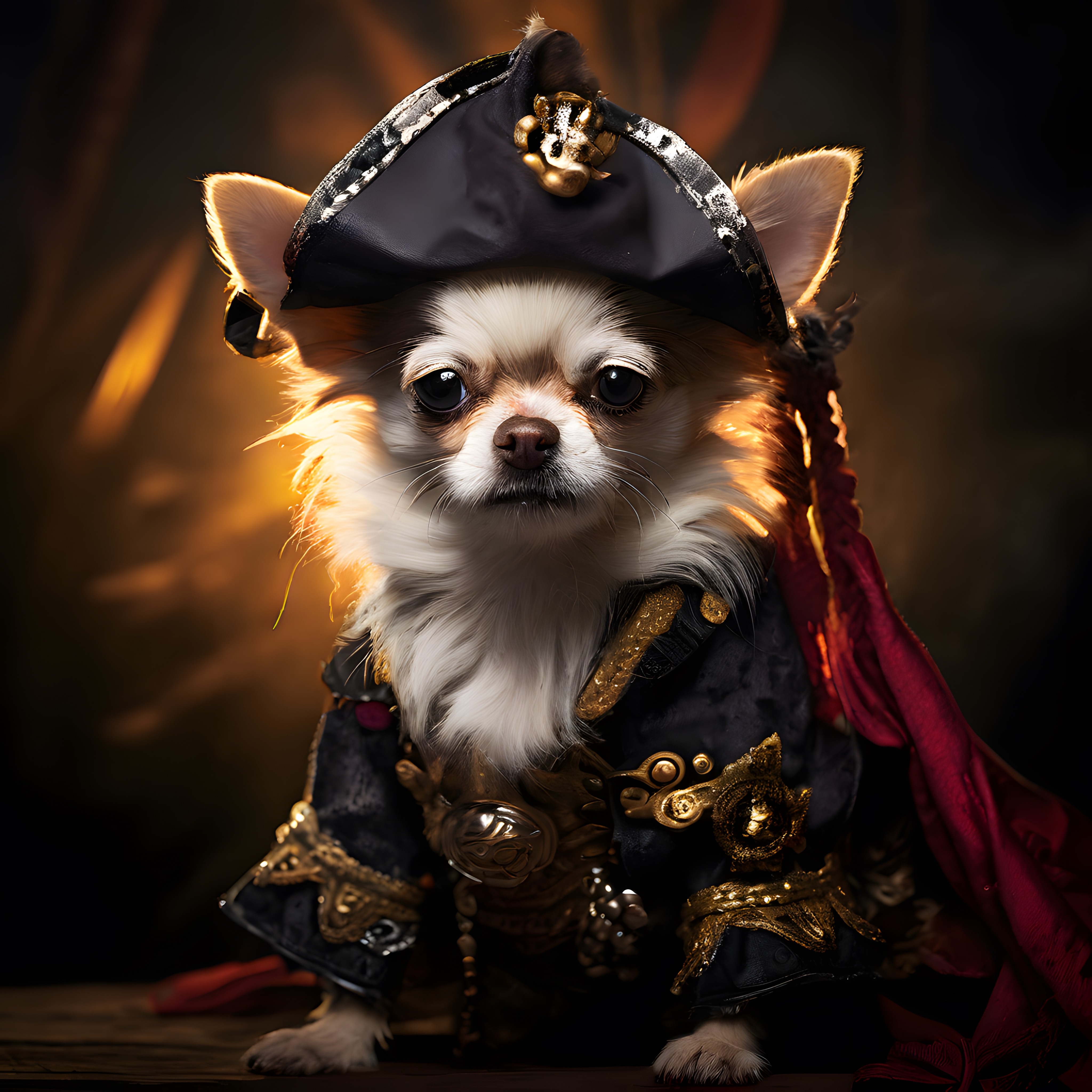 Korsan Kıyafetli ve Şapkalı Chihuahua Köpeğinin Eğlenceli Stüdyo Portresi
