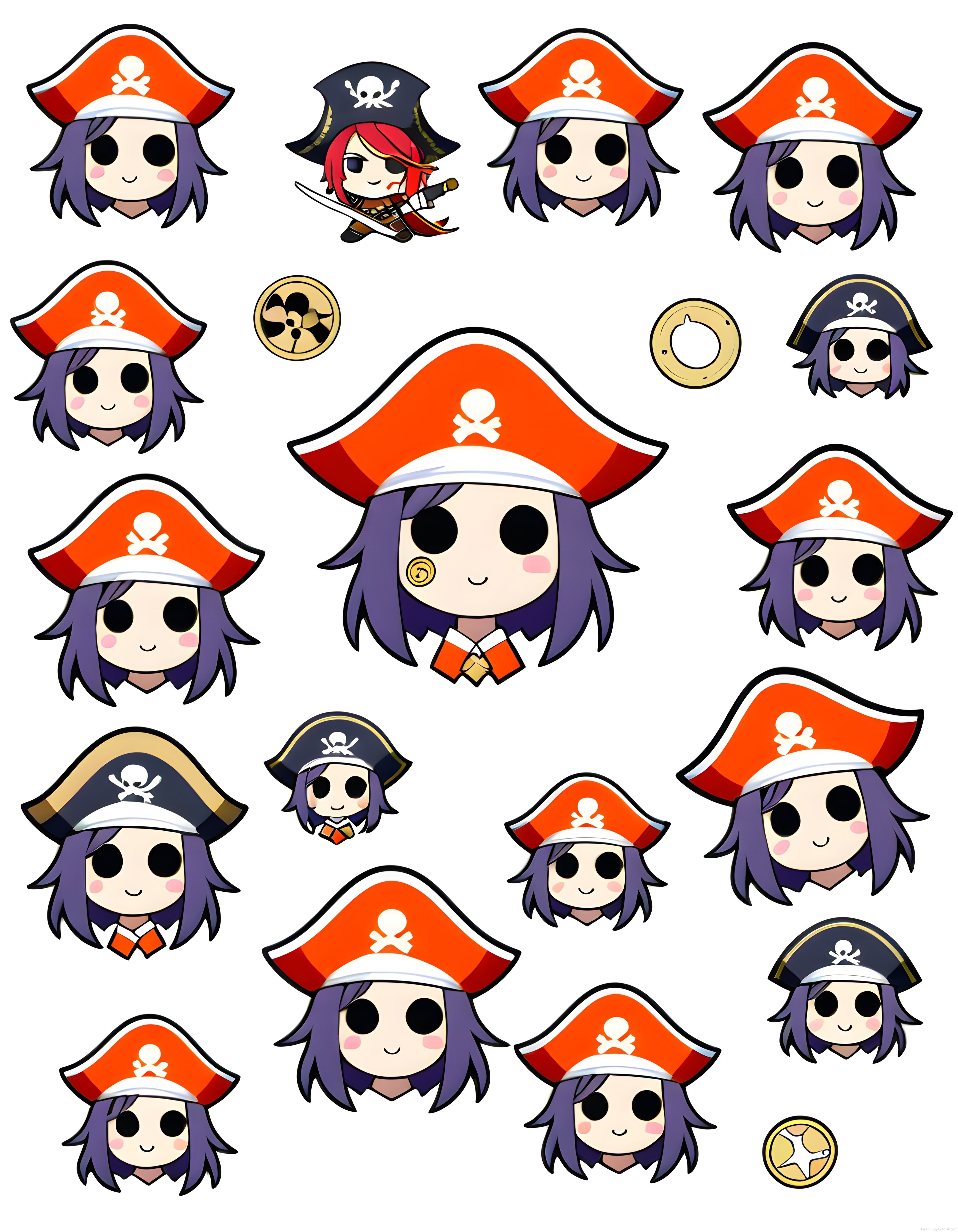 Korsan şapkalı mor saçlı anime kızı chibi karakter seti ve altın aksesuarlar