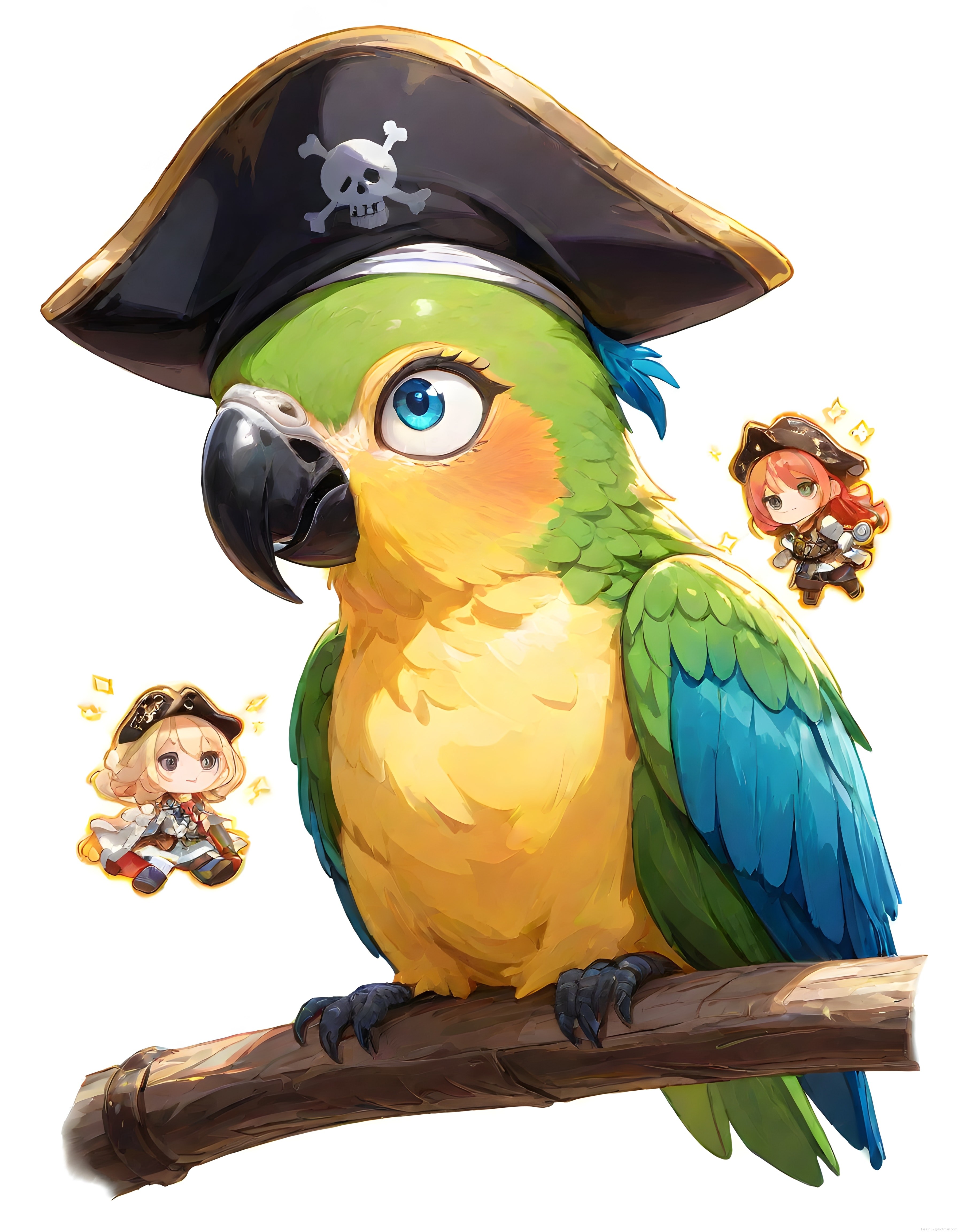 Korsan Şapkalı Renkli Papağan ve Chibi Korsan Kızlar Dijital Sanat Eseri