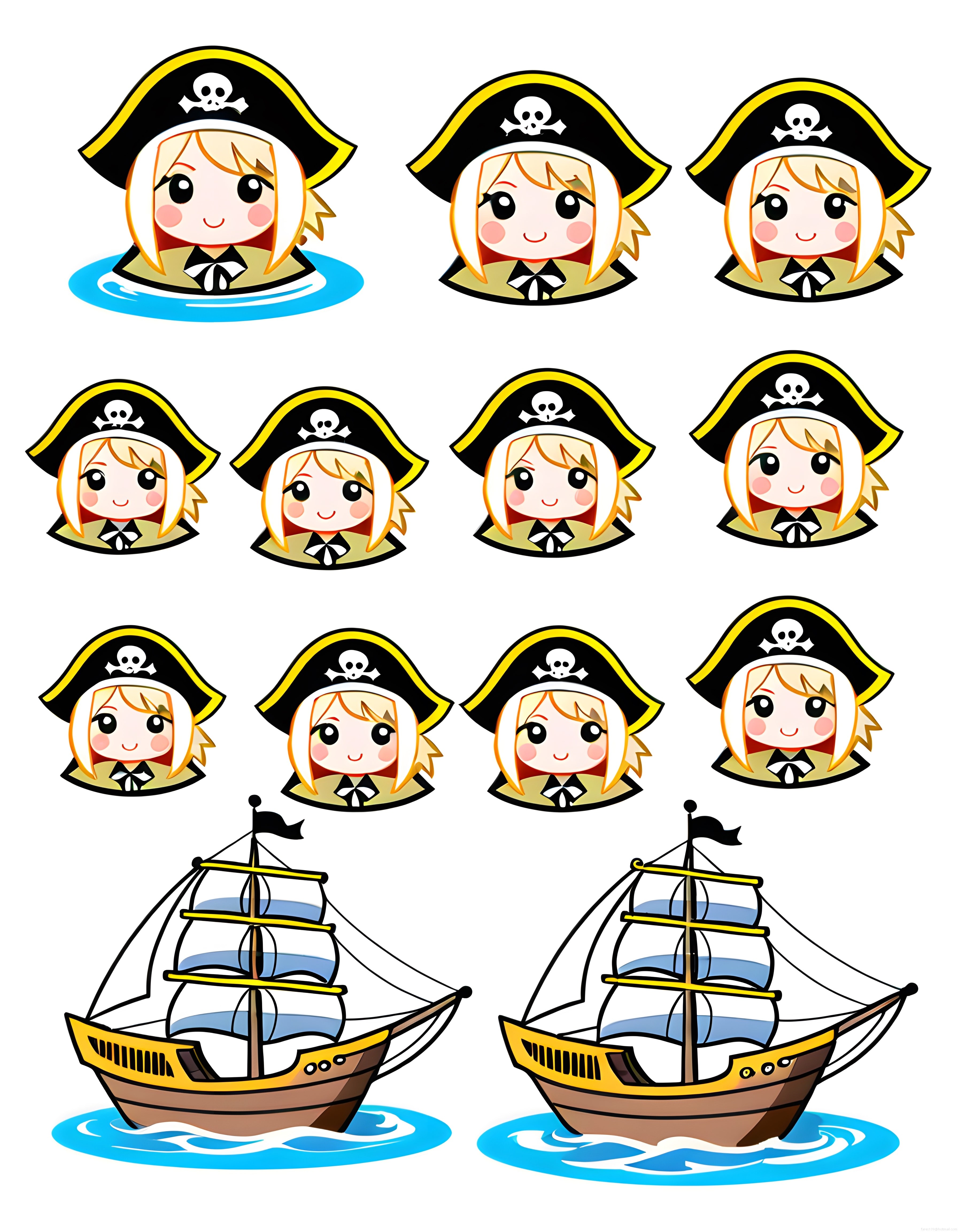 Korsan Şapkalı Sevimli Chibi Kız ve Yelkenli Gemi Avatar Sticker Seti