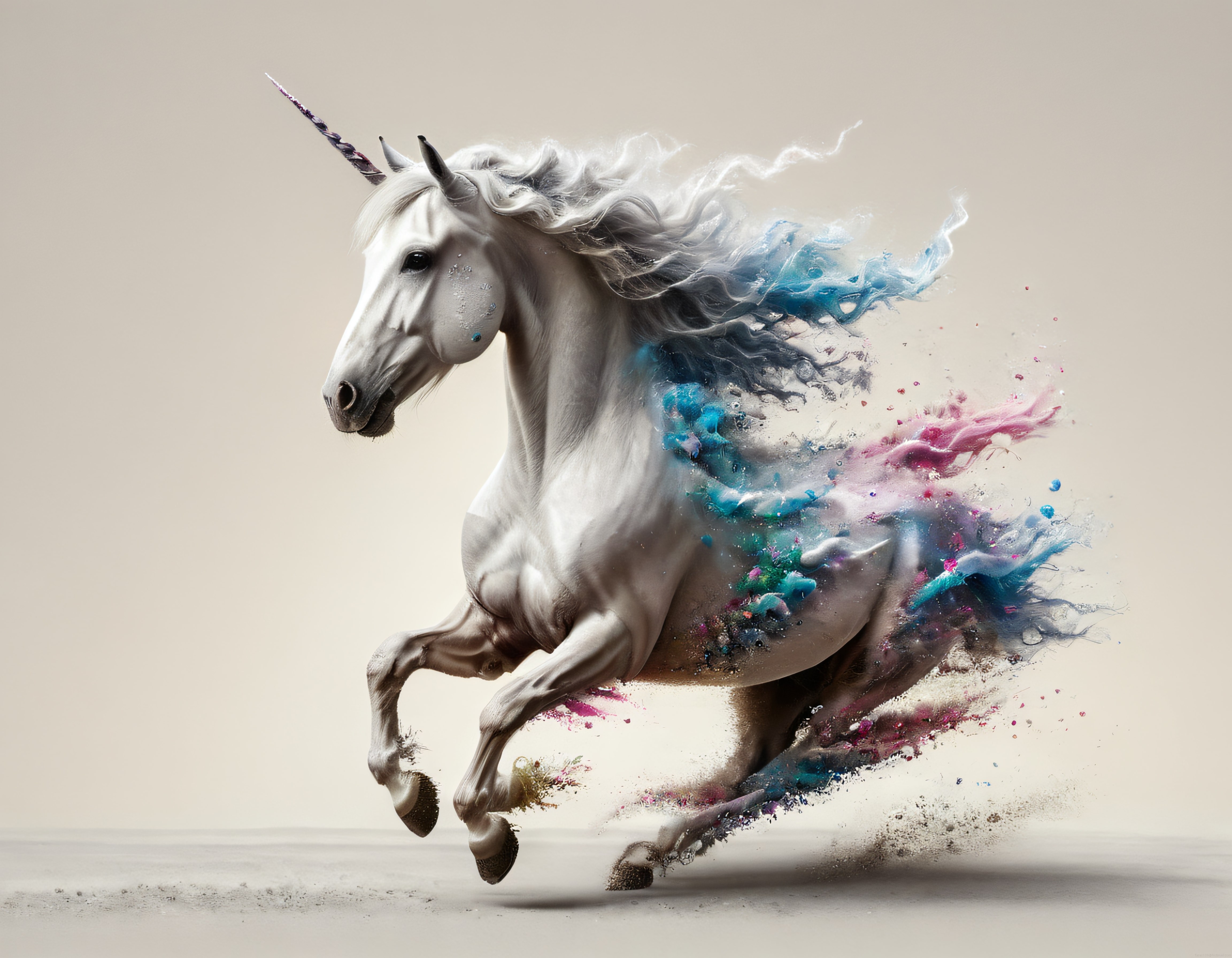 Koşan Beyaz Unicorn ve Gökkuşağı Boya Efektleriyle Fantastik Dijital Sanat