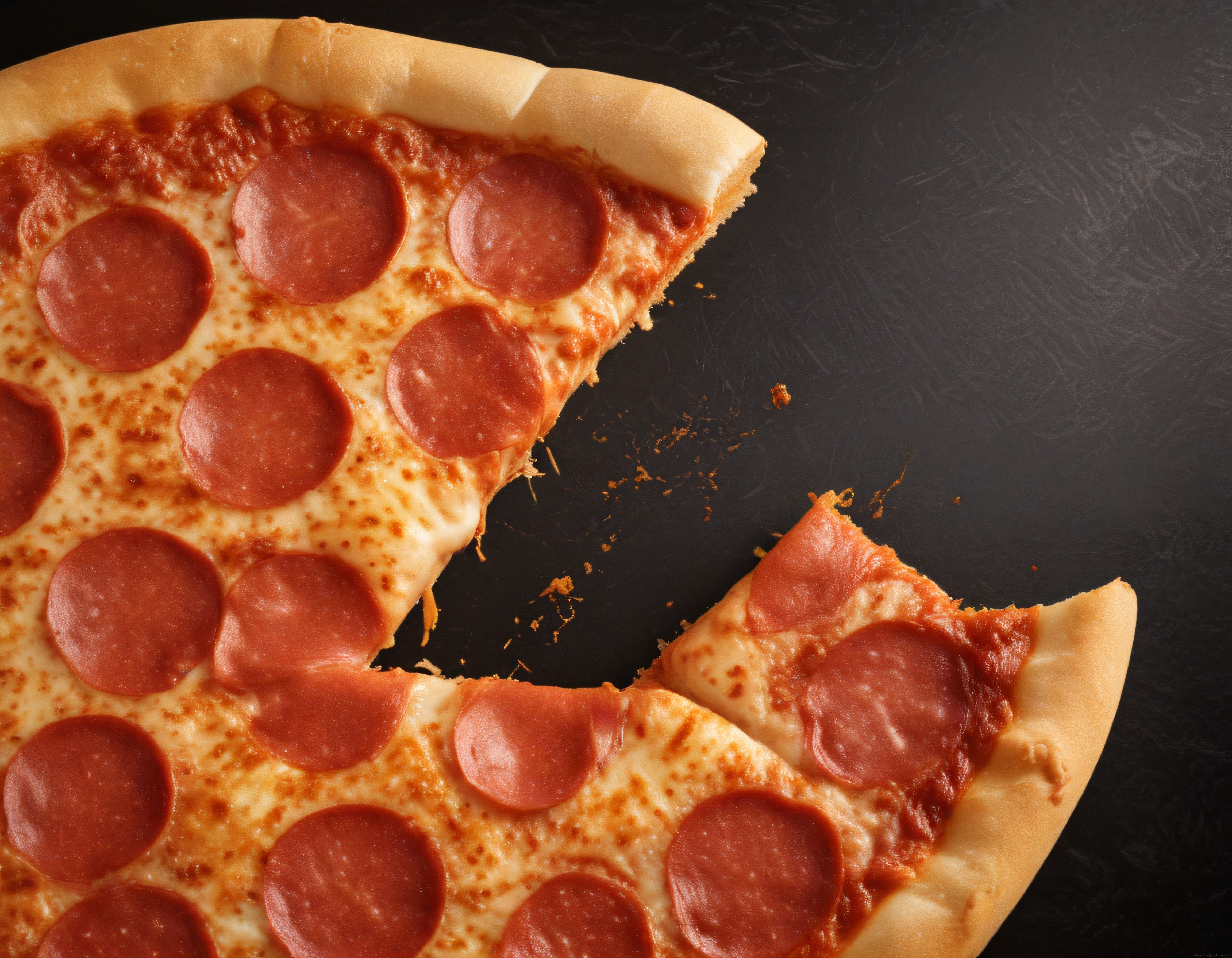 Köşe dilimi alınmış taze pepperoni pizzanın iştah açıcı yakın çekim görüntüsü