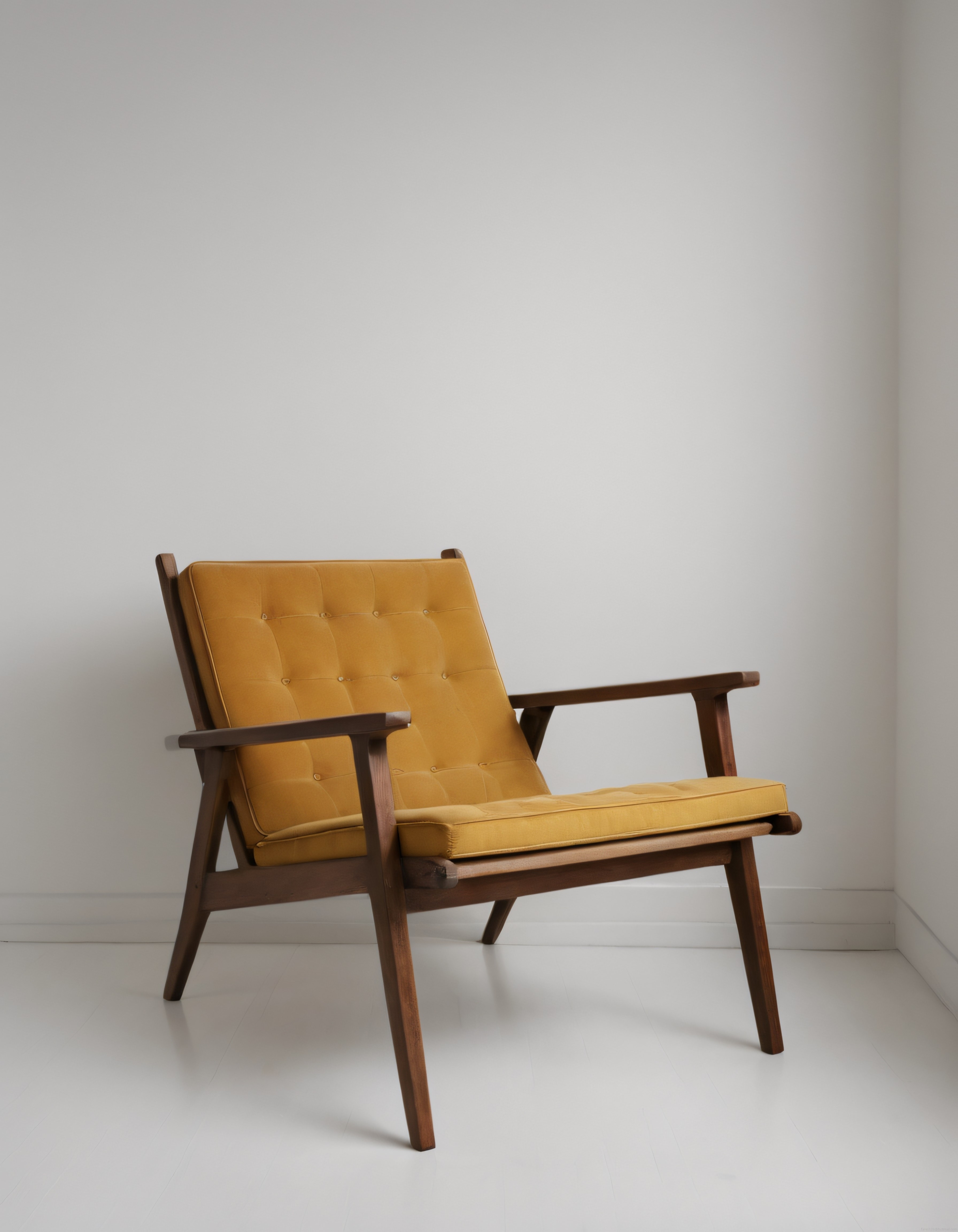 Köşedeki Hardal Sarısı Döşemeli Vintage Ahşap Berjer ve Minimalist İç Mekan
