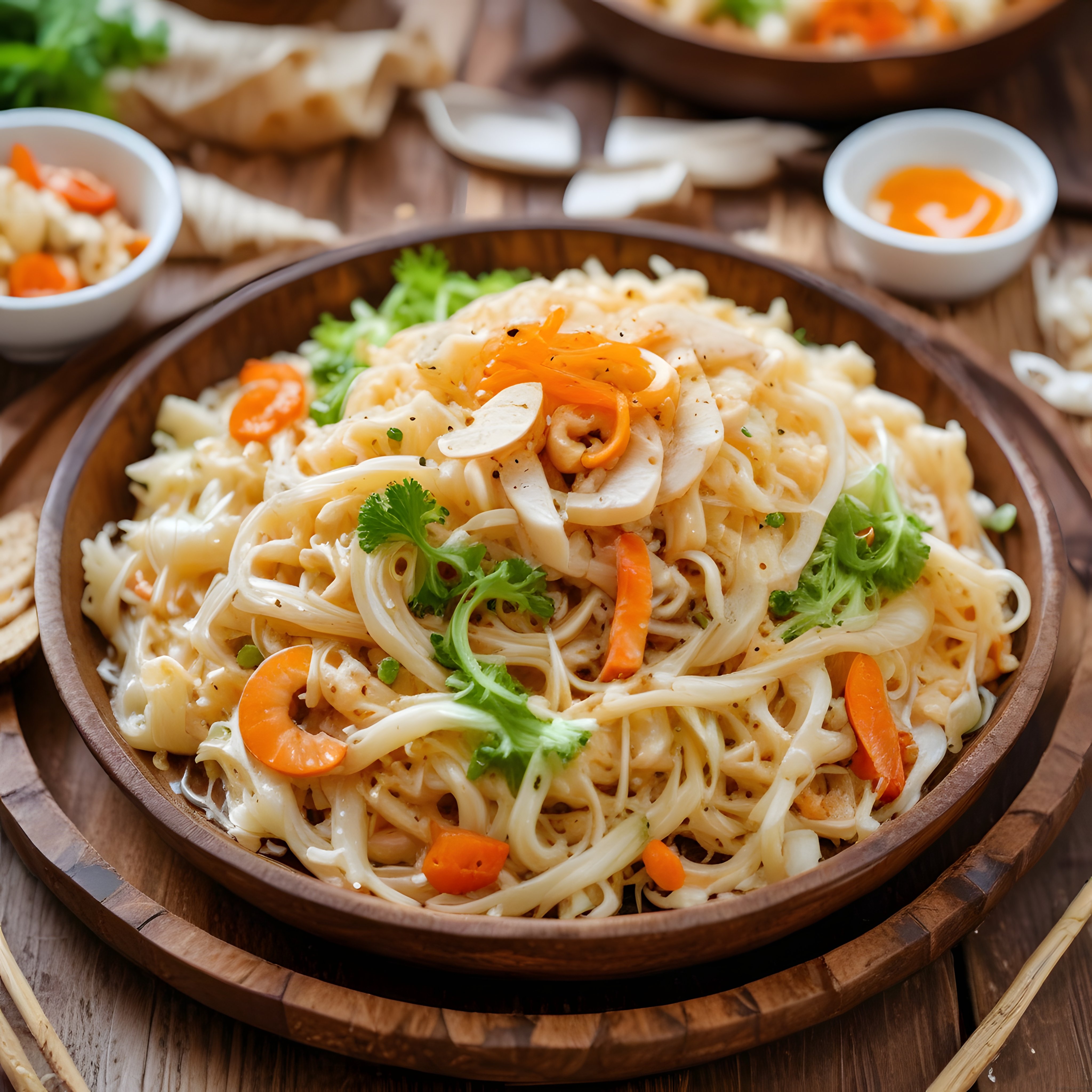 Koyu Ahşap Kasede Karidesli Sebzeli Asya Noodle ve Baharatlı Soslar