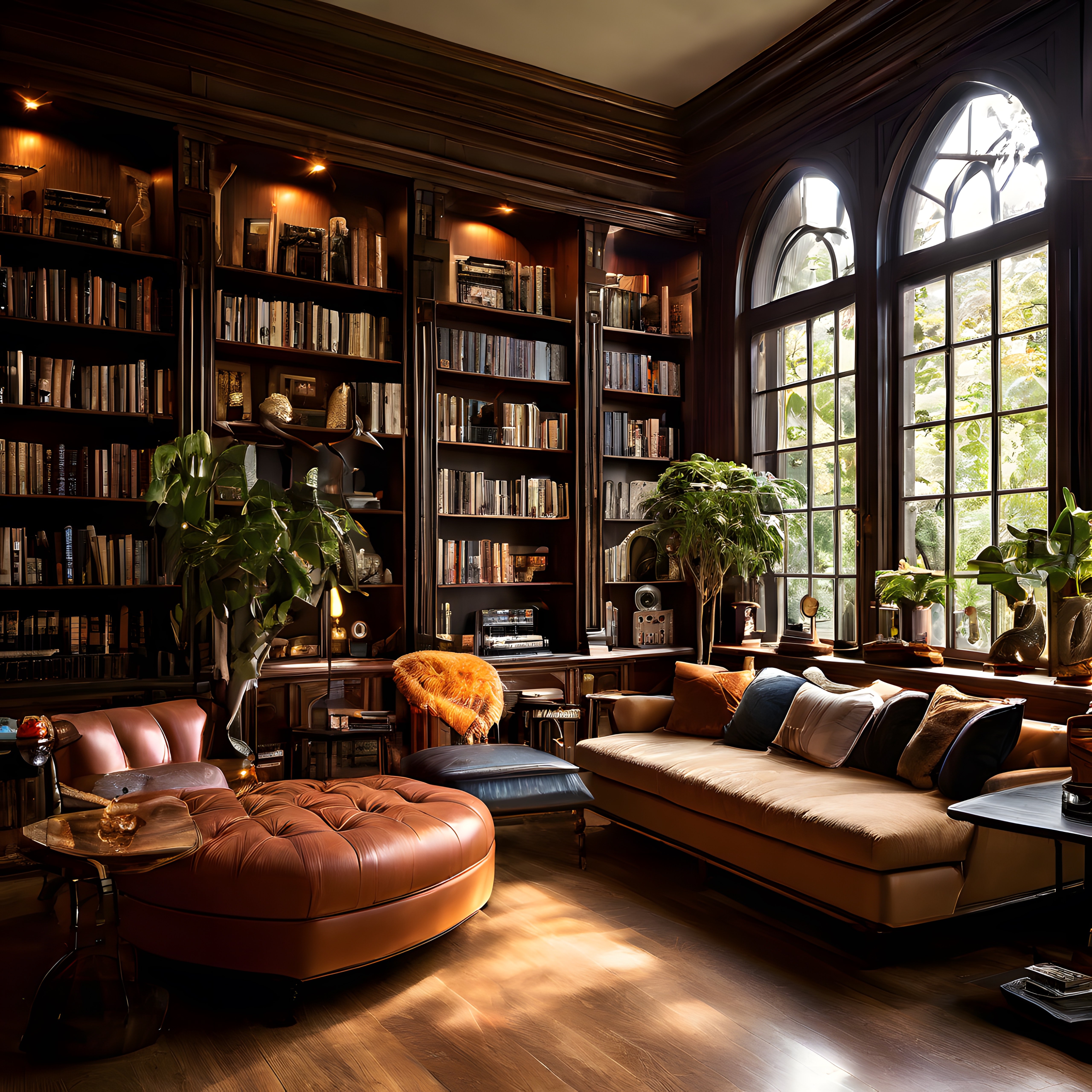 Koyu Ahşap Kitaplıklar ve Büyük Pencerelerle Sıcak Bir Kütüphane Atmosferi