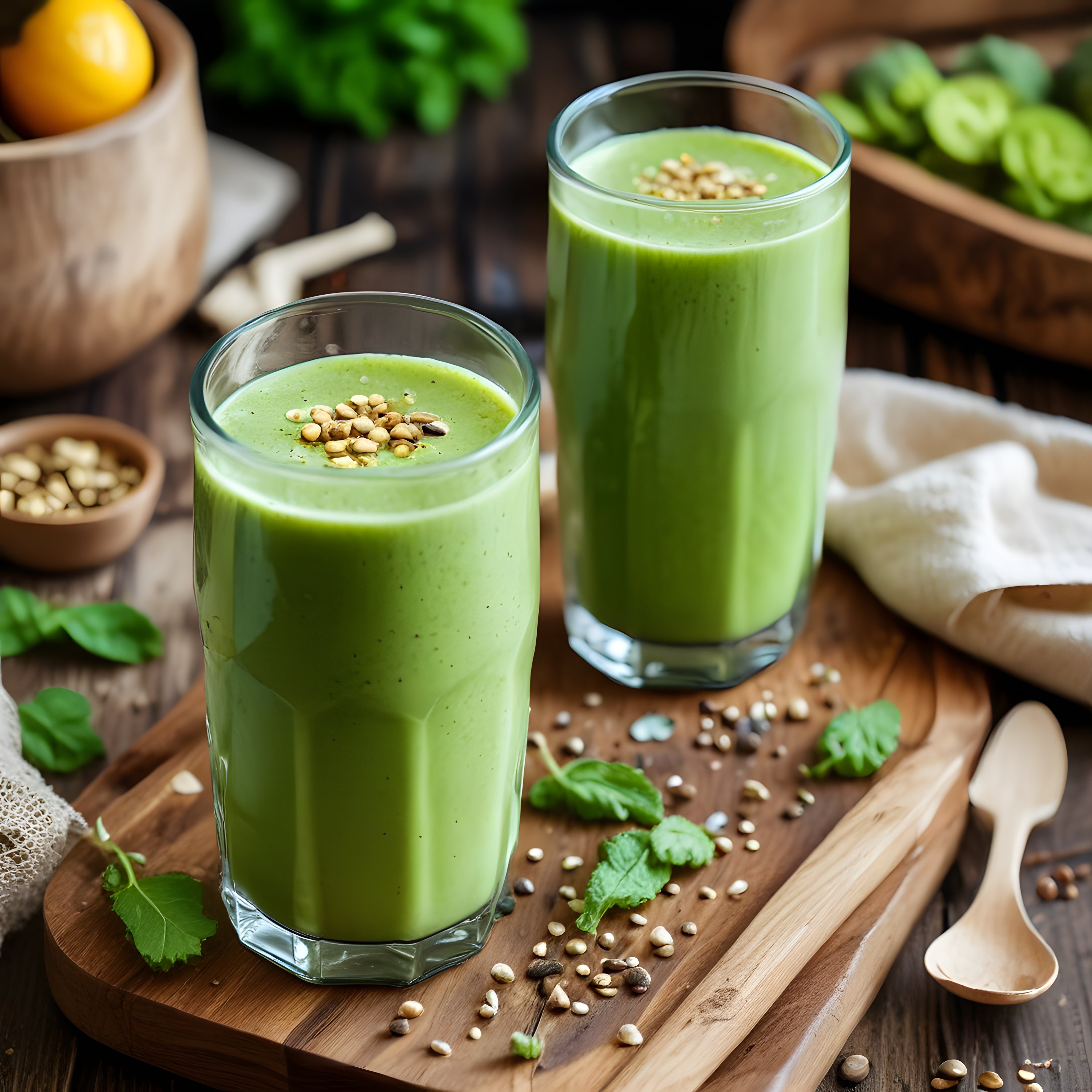 Koyu Ahşap Masa Üzerinde Cam Bardakta Ispanaklı Yeşil Detoks Smoothie ve Tohum