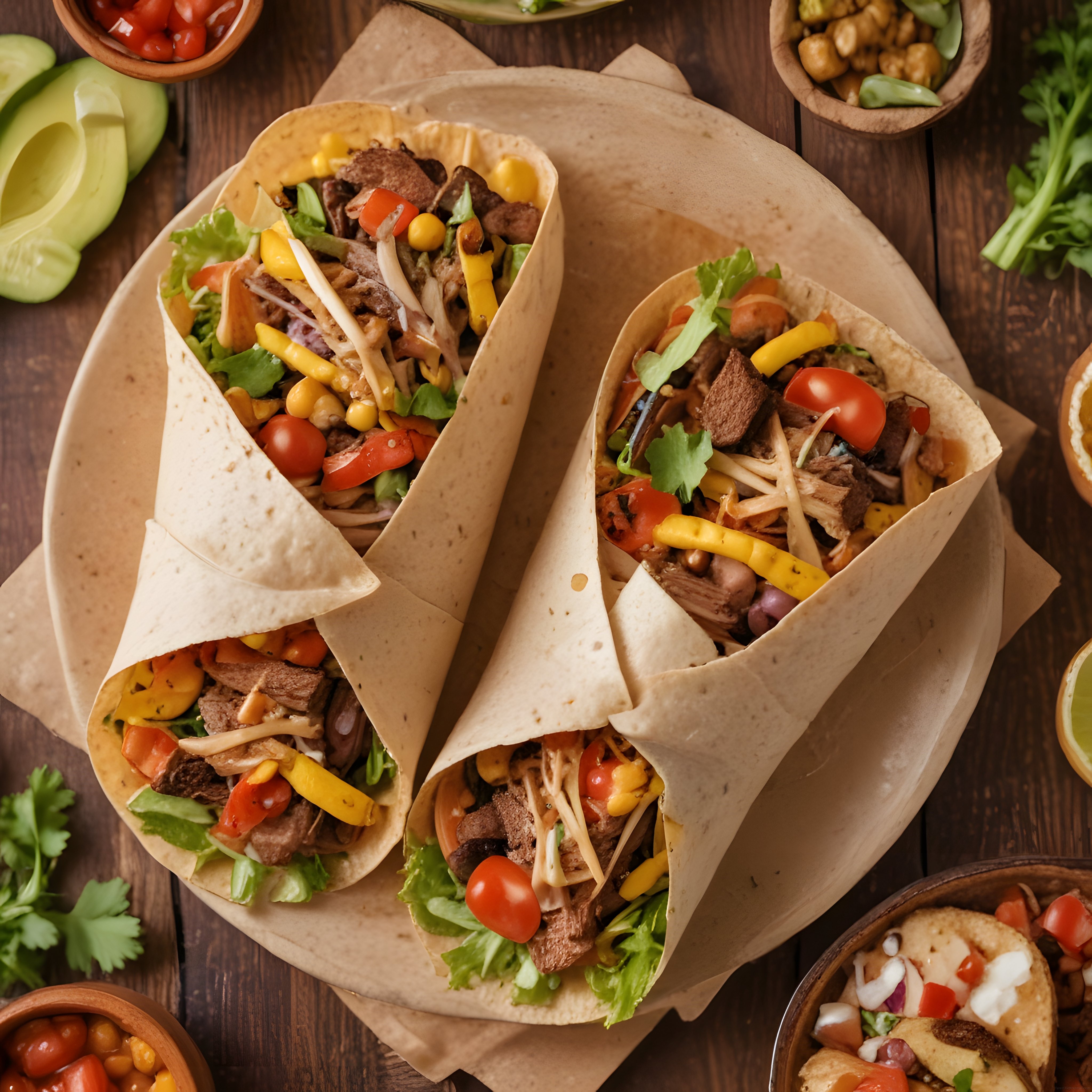 Koyu Ahşap Masa Üzerinde Parşömene Sarılmış Etli Taco ve Meksika Lezzetleri