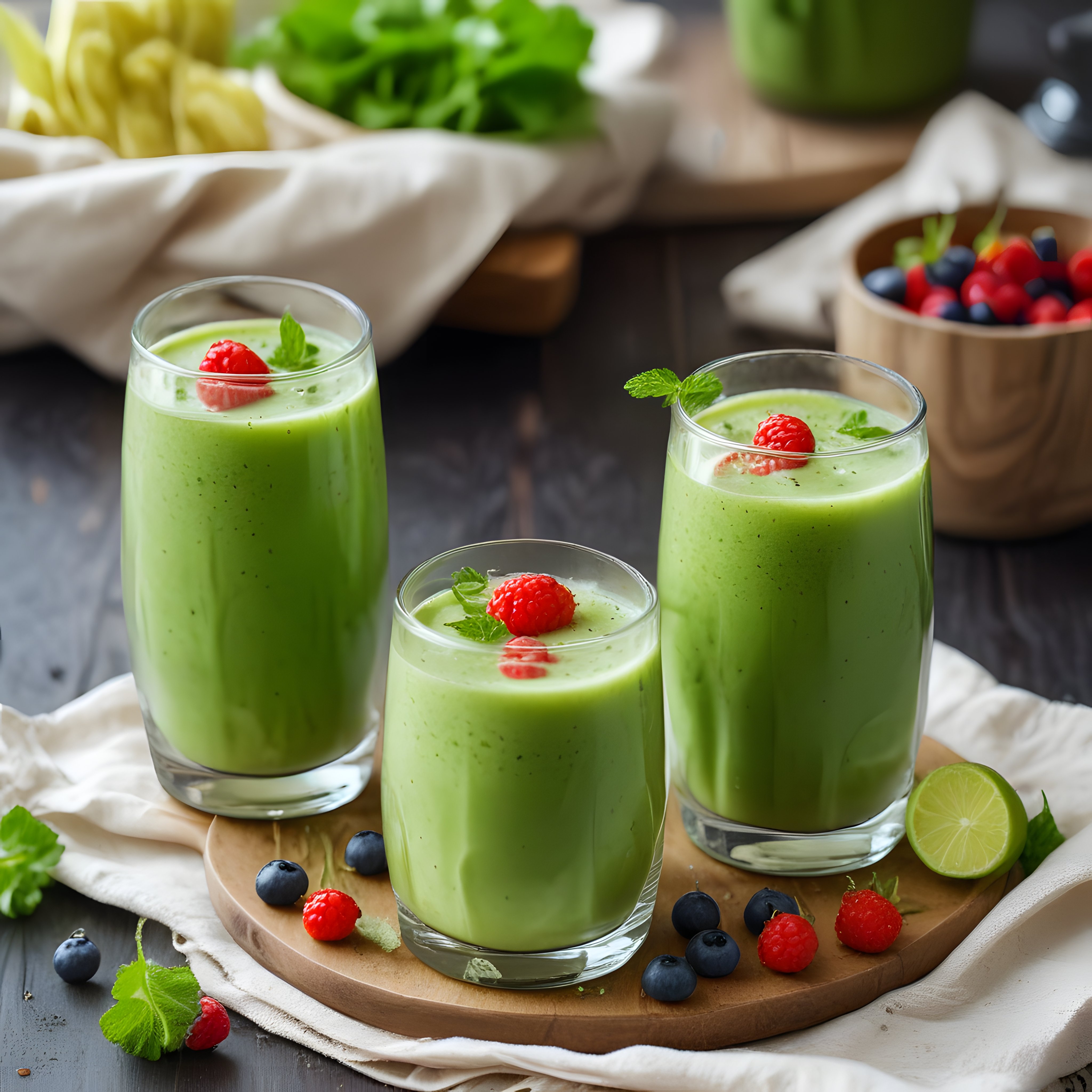 Koyu Ahşap Masada Ahududu Süslemeli Ev Yapımı Yeşil Detoks Smoothie