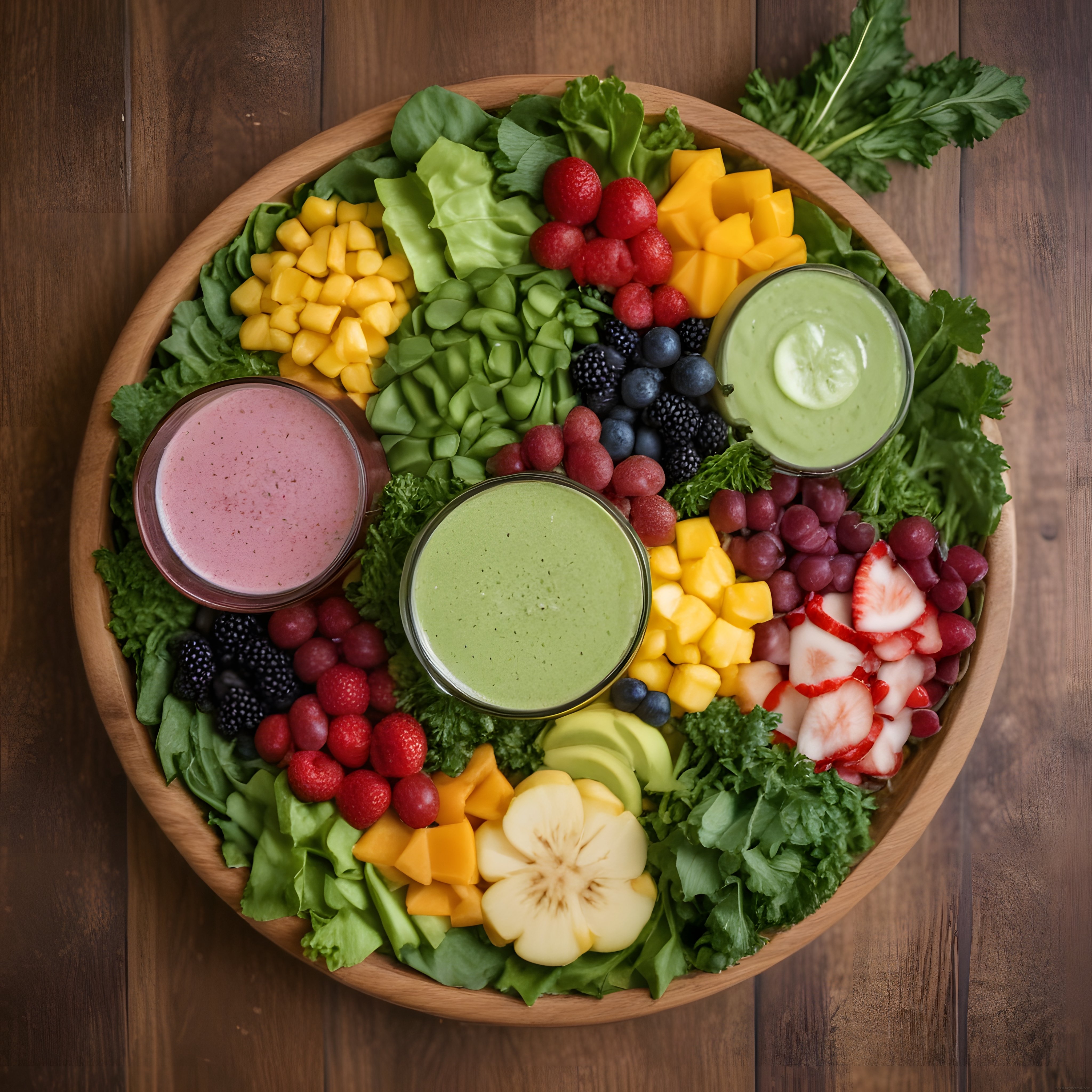 Koyu Ahşap Masada Görsel Şölen Sunan Renkli Smoothie Bowl ve Meyve Tabağı