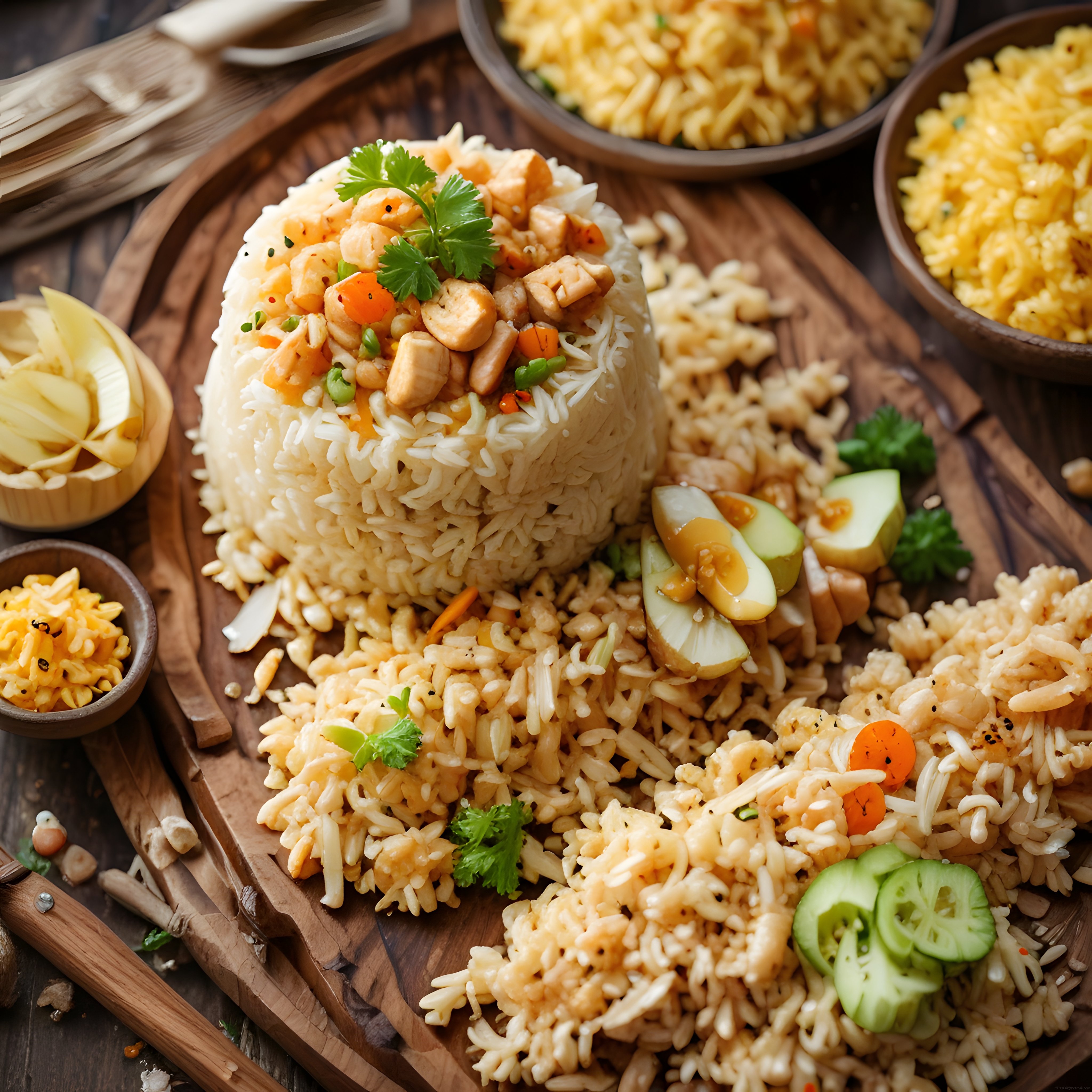 Koyu Ahşap Masada Tavuklu Basmati Pilavı ve Taze Sebze Dilimleri