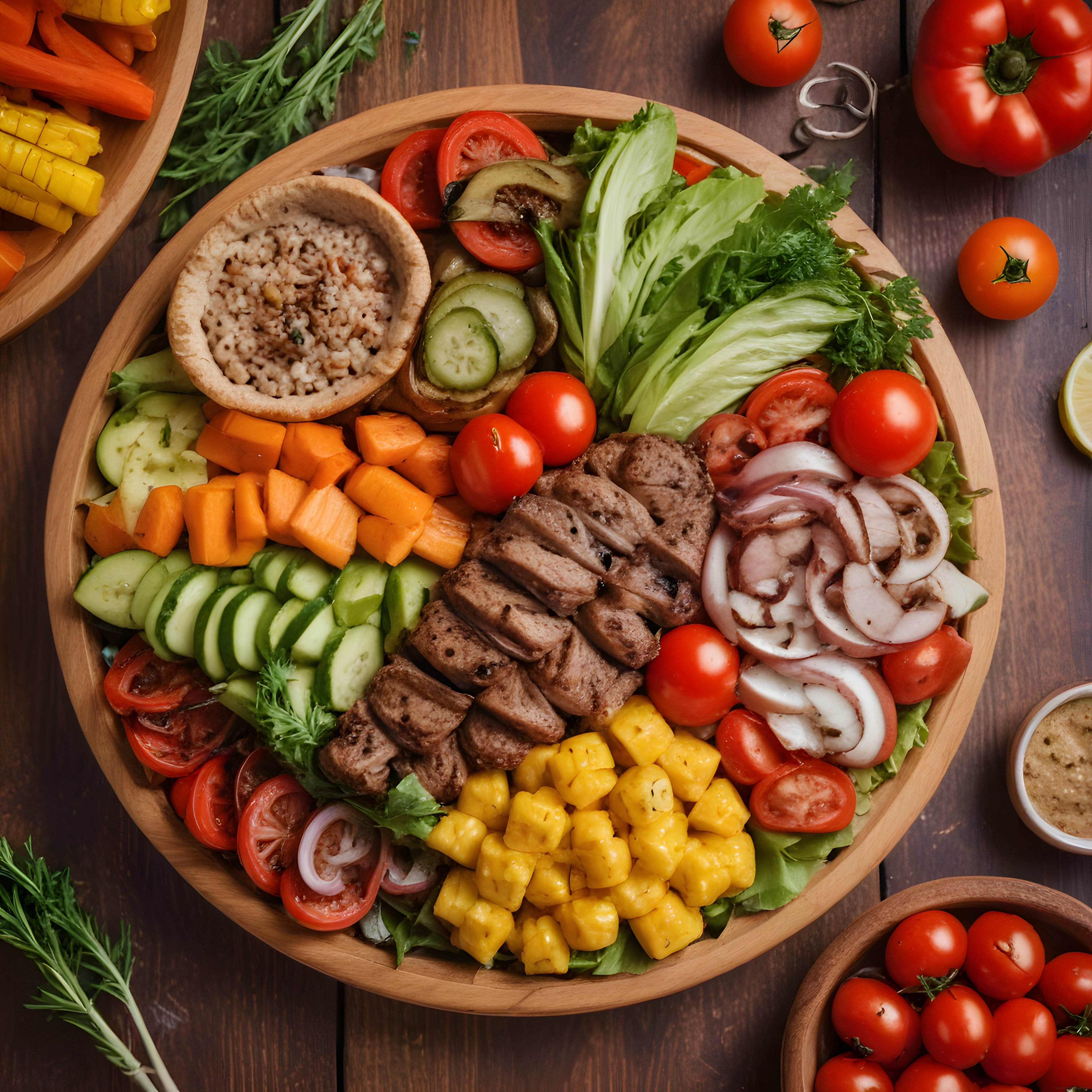 Koyu ahşap mutfak tezgahında ızgara etli, taze sebzeli ve tahıllı protein kasesi