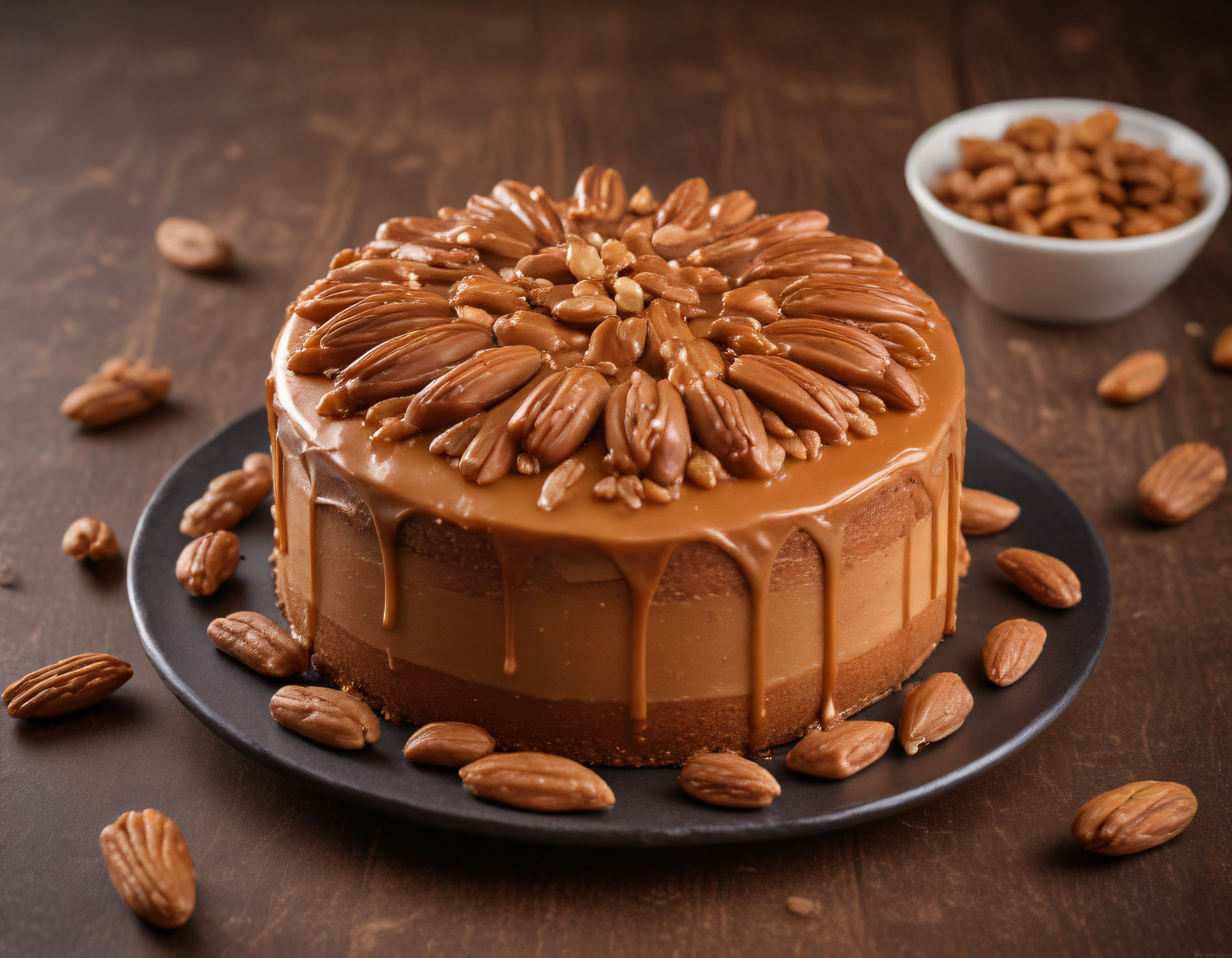 Koyu Ahşap Zemin Üzerinde Akışkan Karamel Soslu ve Pekanlı Tart Pasta