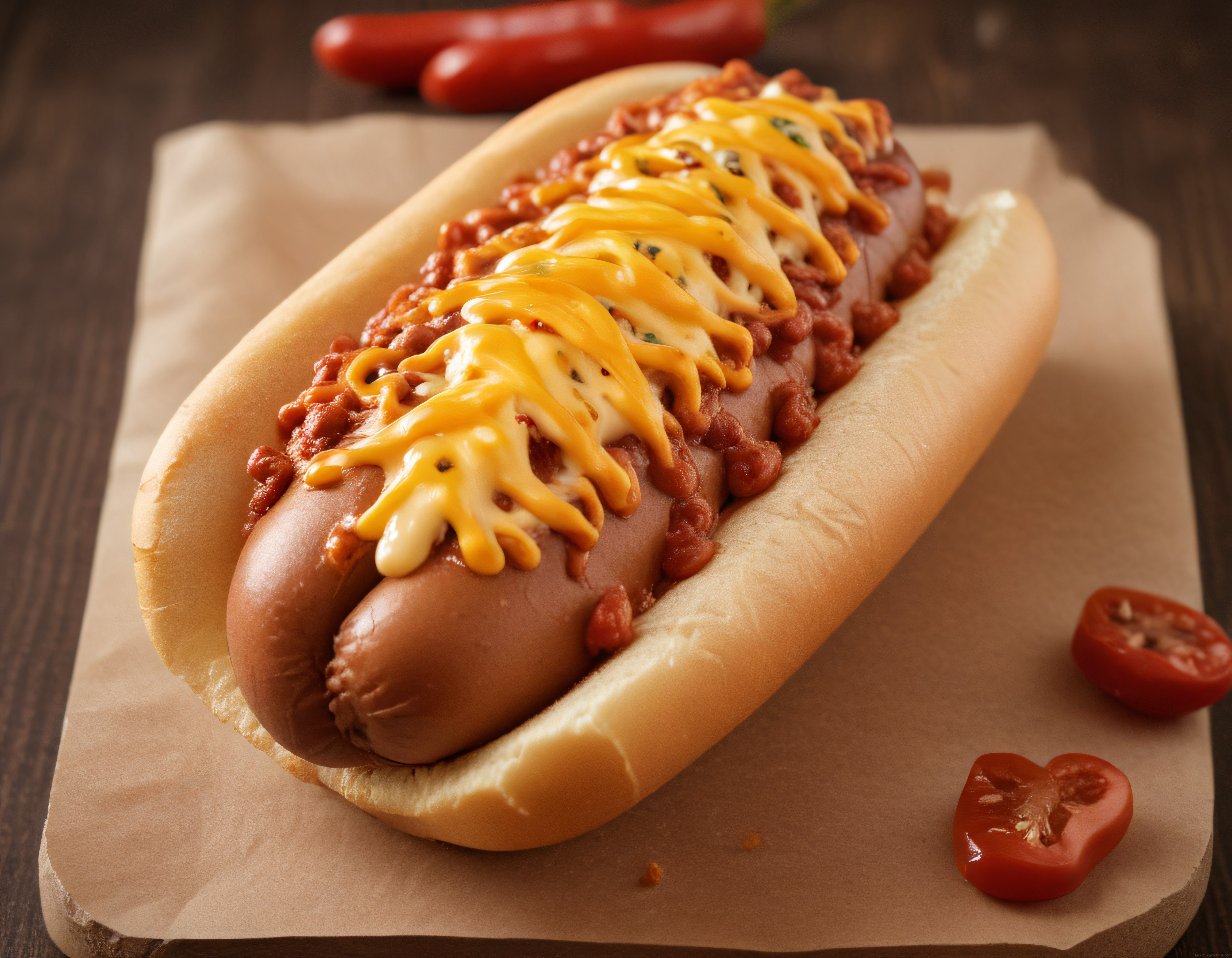 Koyu ahşap zemin üzerinde kağıtta sunulan chili sos ve cheddar peynirli hot dog